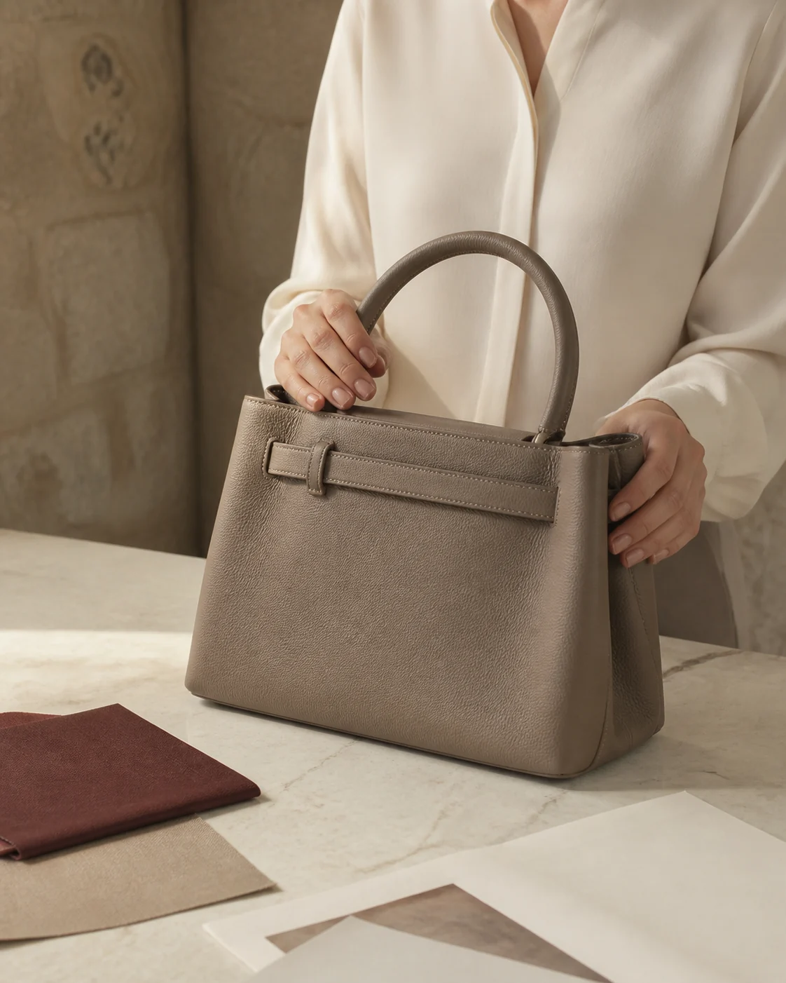 A private advisor presenting a structured handbag in a softly lit interior