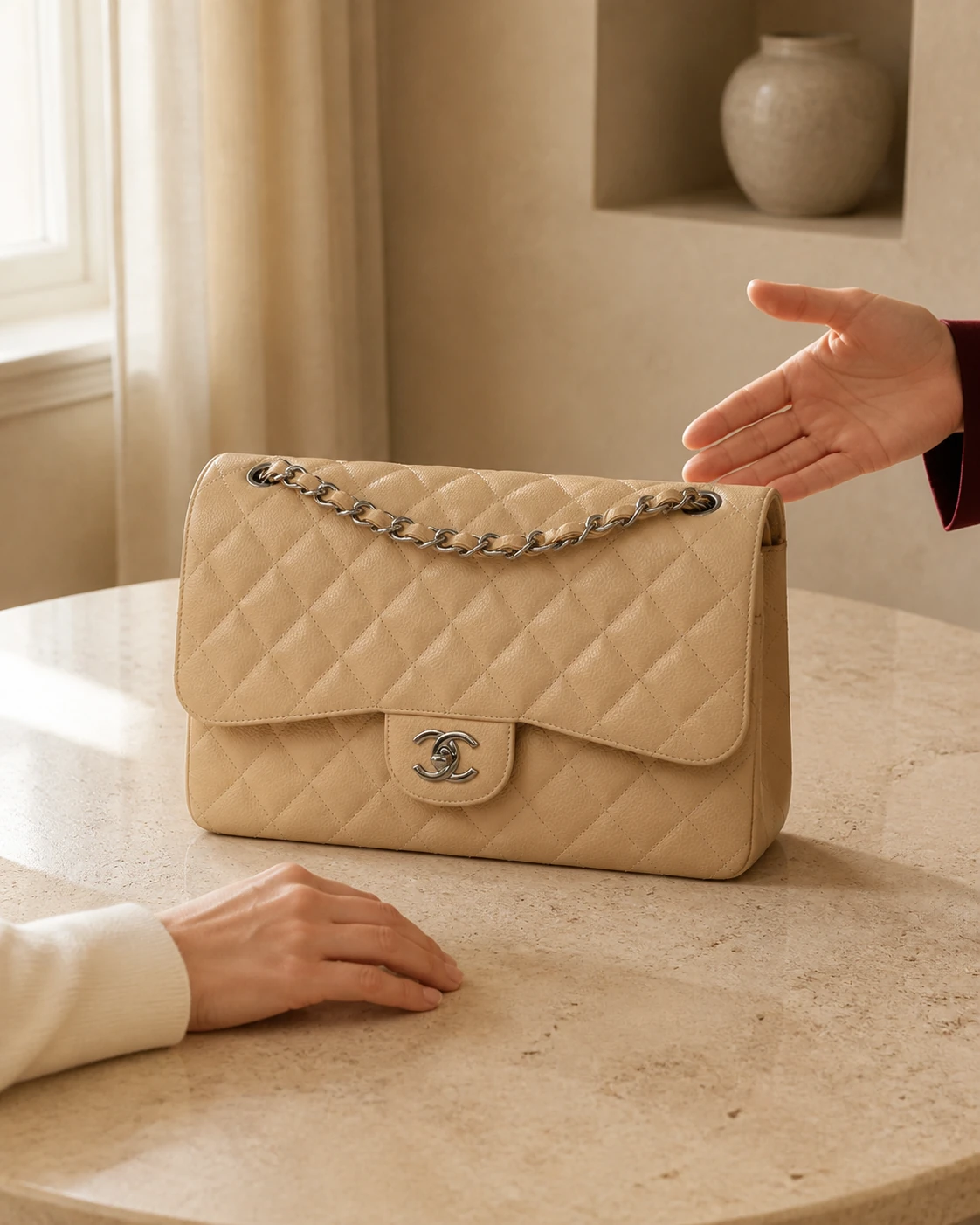 A private advisor presenting a structured handbag in a softly lit interior