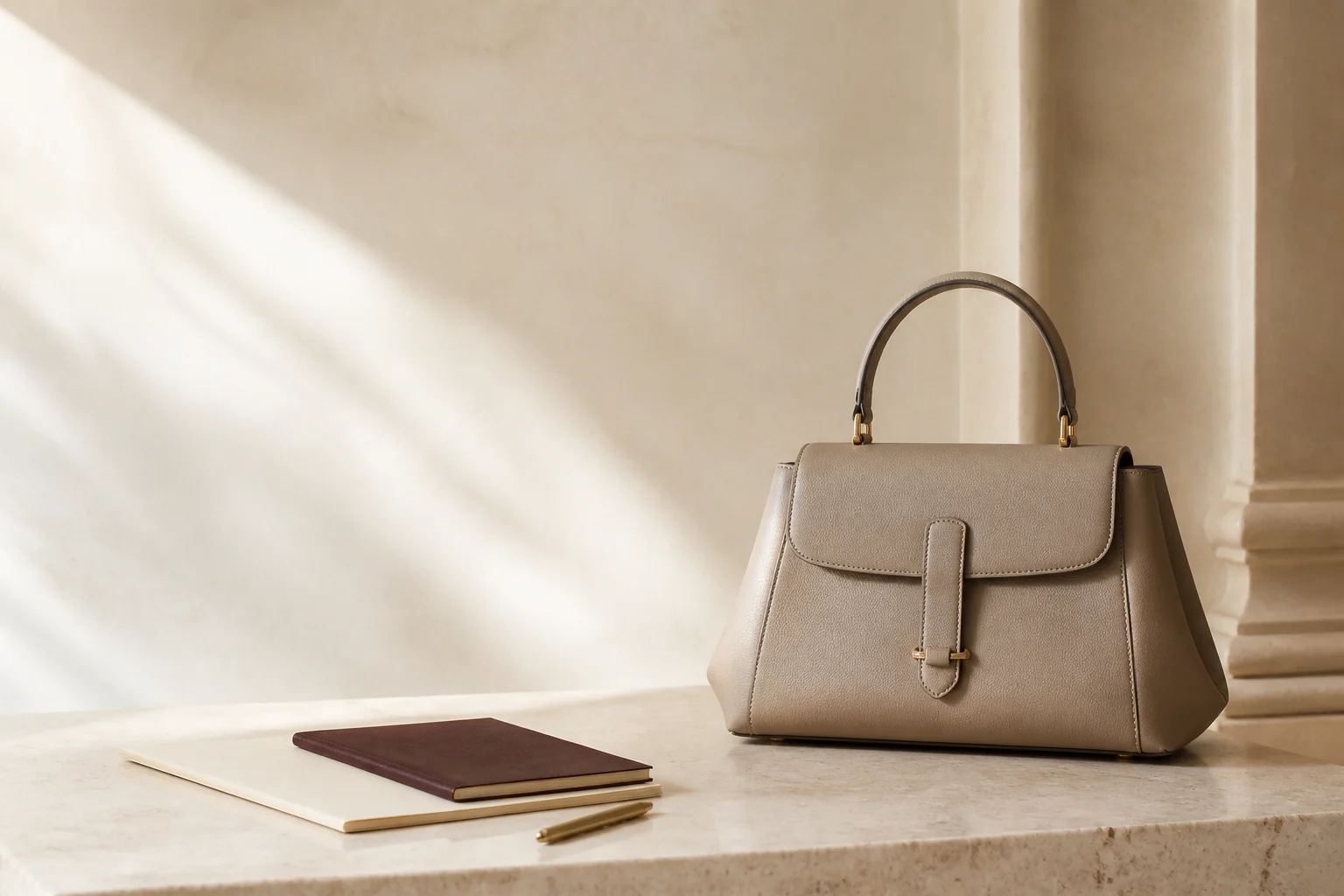 Structured leather handbag displayed in a quiet limestone interior