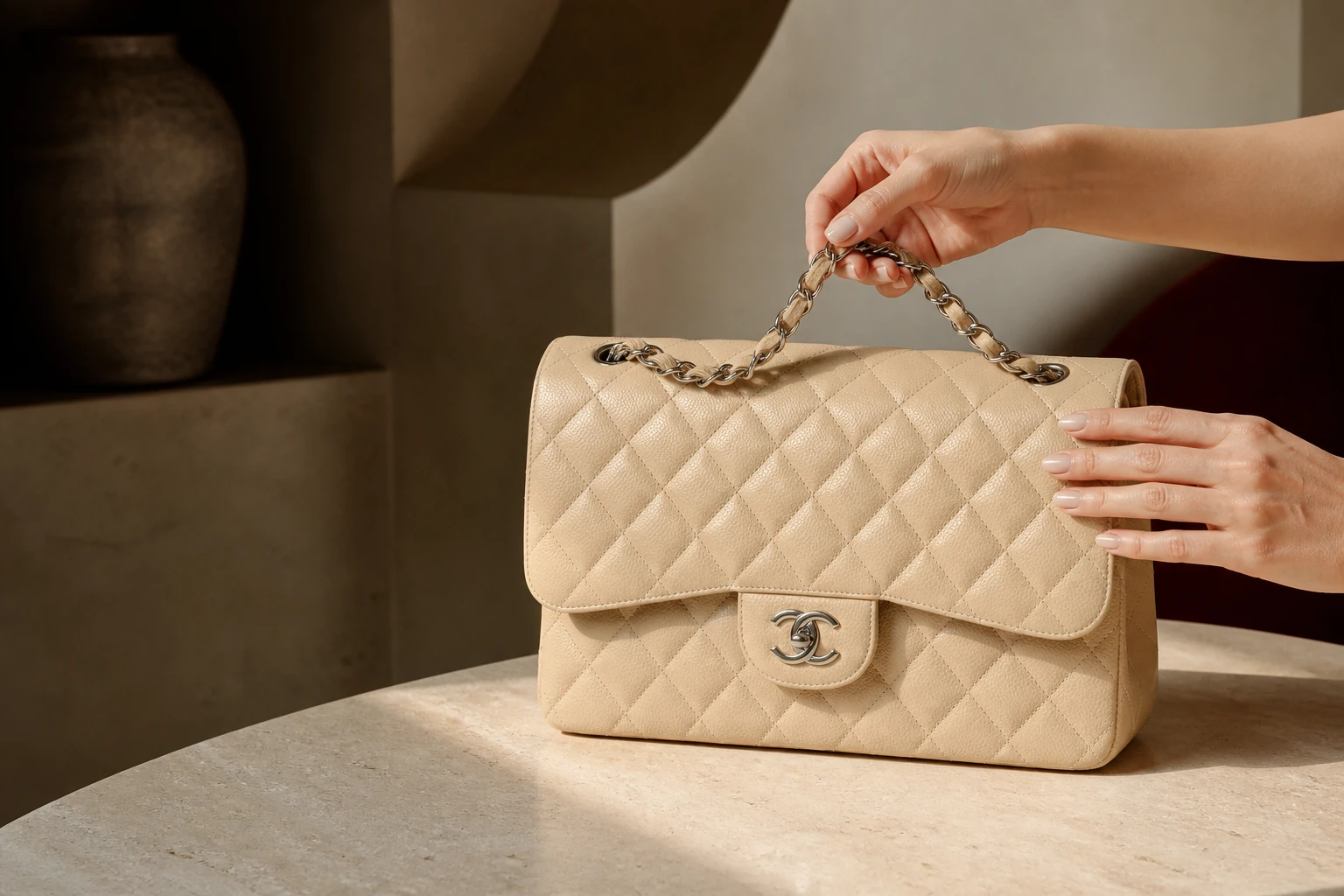 Structured leather handbag displayed in a quiet limestone interior