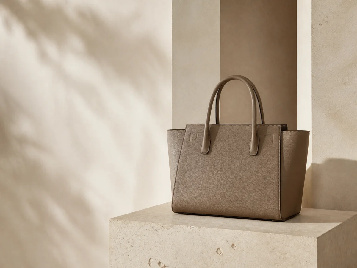Structured taupe handbag displayed on a limestone plinth in soft natural light.