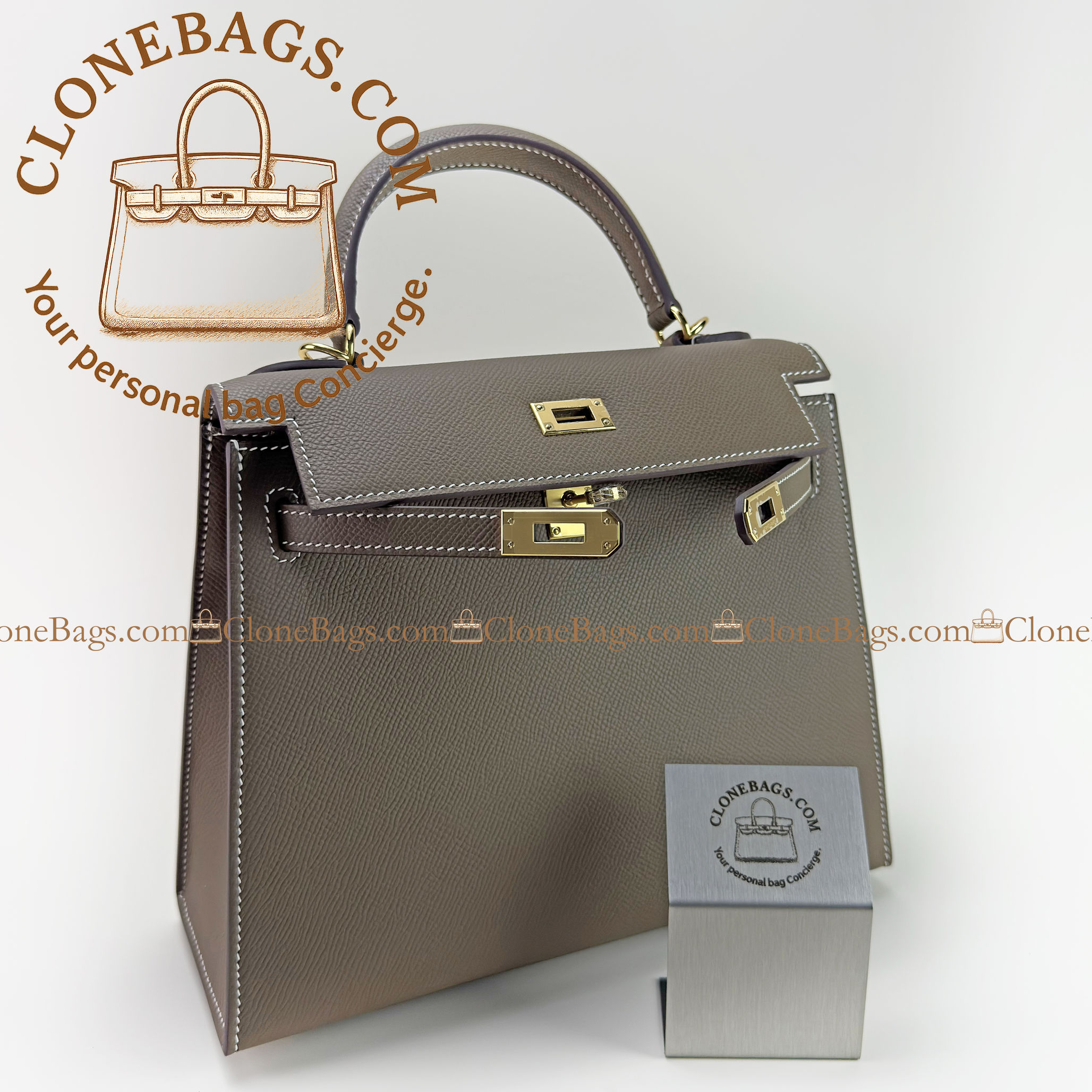 Hermès Replica Designer Bags 1:1 Kelly 25 Gray Epsom Gold Hardware - Image 2
