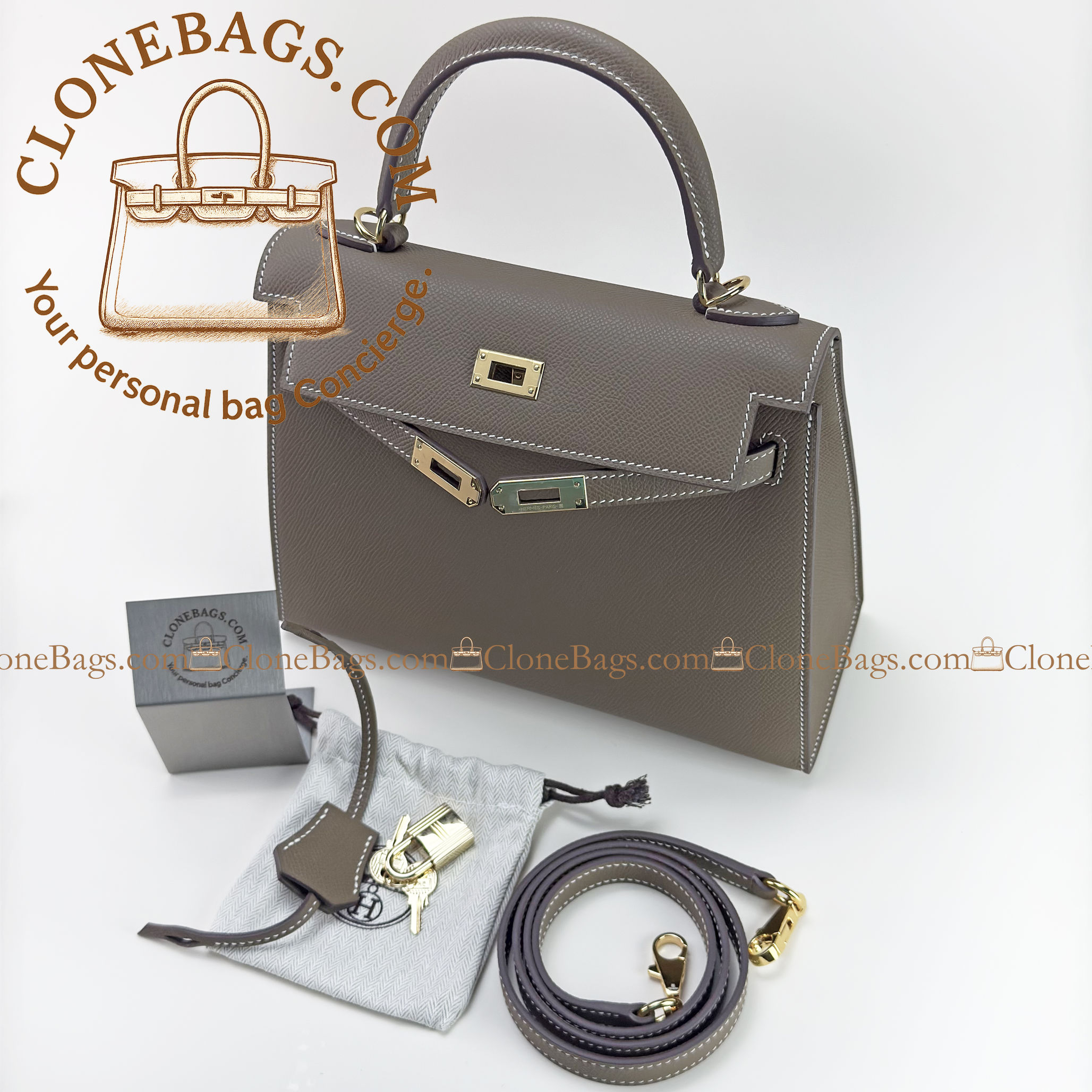 Hermès Replica Designer Bags 1:1 Kelly 25 Gray Epsom Gold Hardware - Image 9