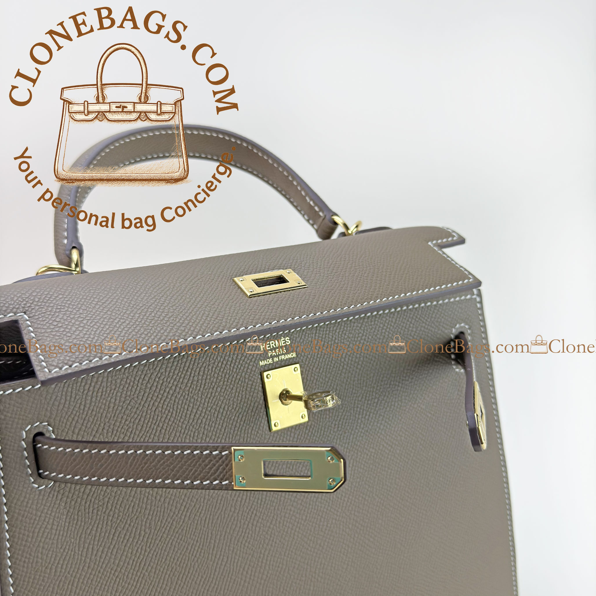 Hermès Replica Designer Bags 1:1 Kelly 25 Gray Epsom Gold Hardware - Image 4