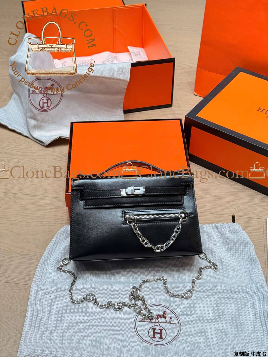 Hermès Replica Designer Bags 1:1 Kelly Pochette Rock 22cm Box Calf Leather Noir With Palladium Hardware - Image 3