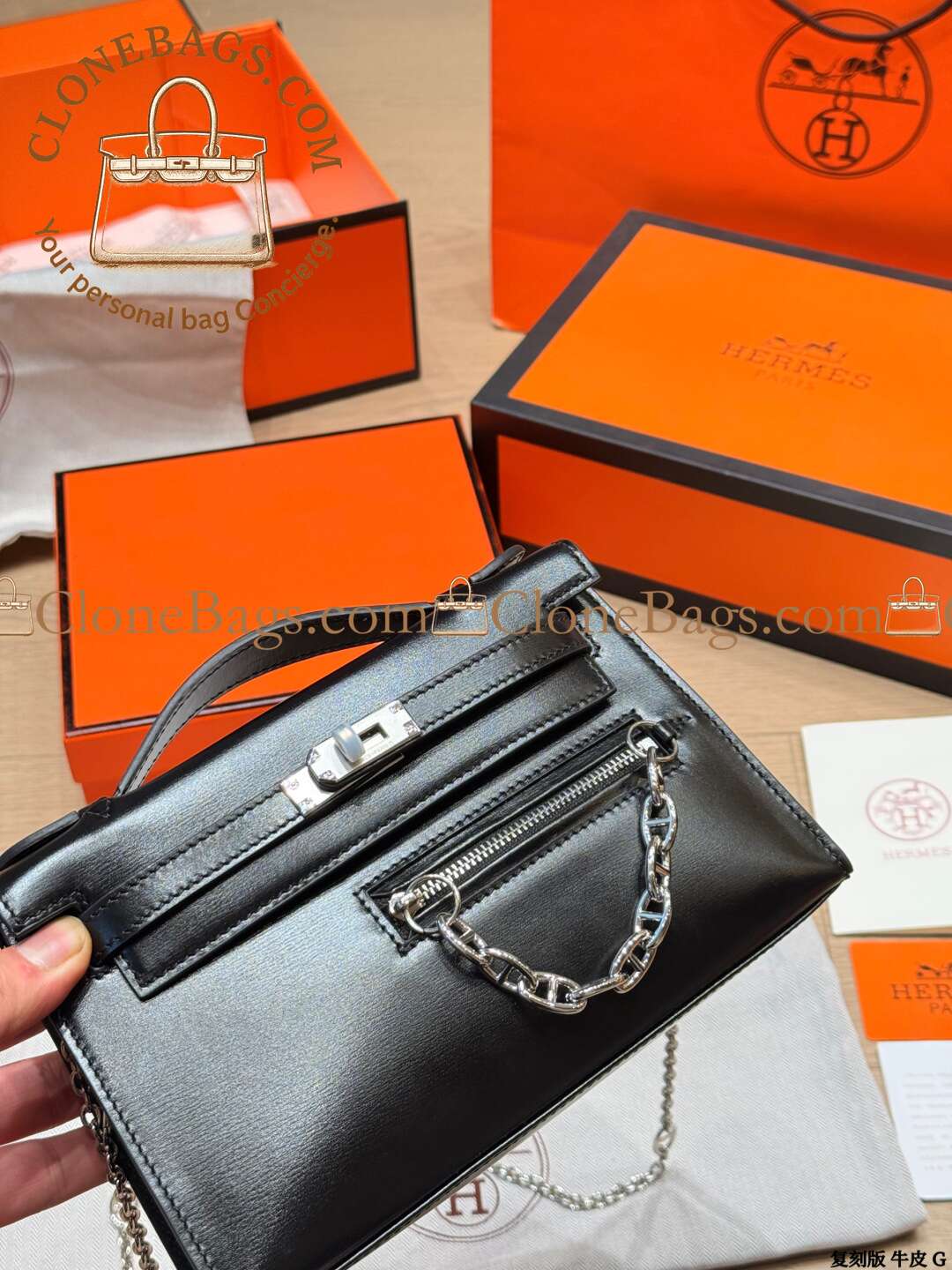 Hermès Replica Designer Bags 1:1 Kelly Pochette Rock 22cm Box Calf Leather Noir With Palladium Hardware - Image 4