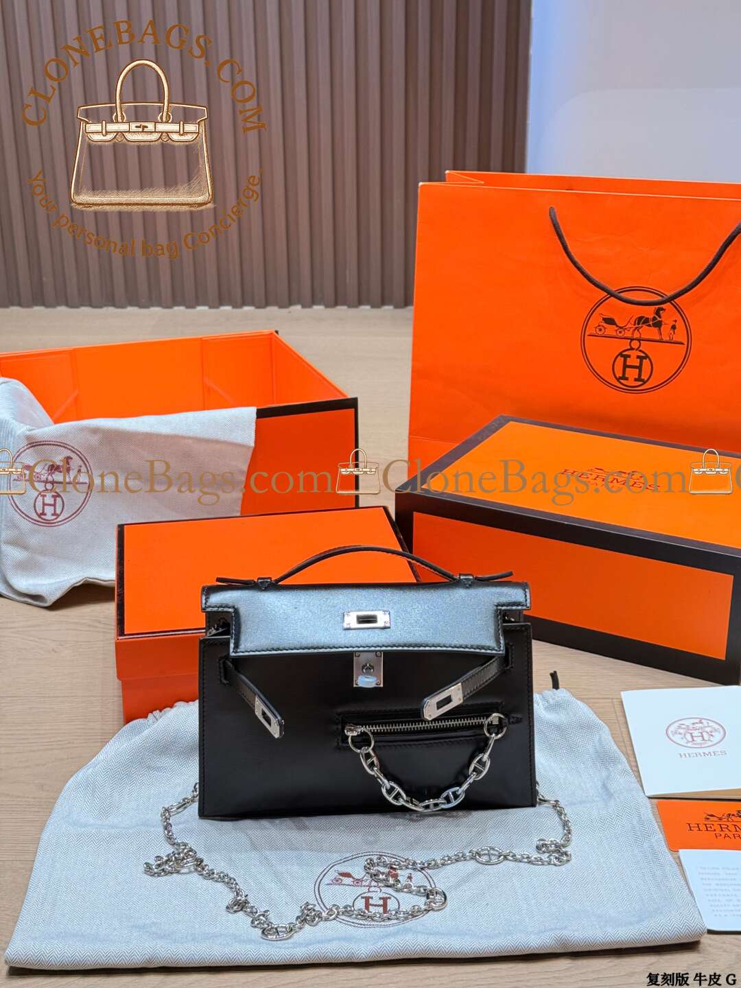 Hermès Replica Designer Bags 1:1 Kelly Pochette Rock 22cm Box Calf Leather Noir With Palladium Hardware - Image 7