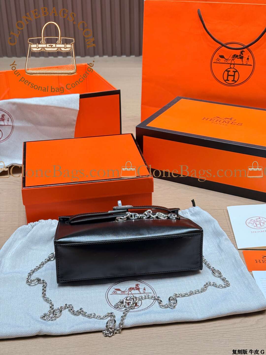 Hermès Replica Designer Bags 1:1 Kelly Pochette Rock 22cm Box Calf Leather Noir With Palladium Hardware - Image 8