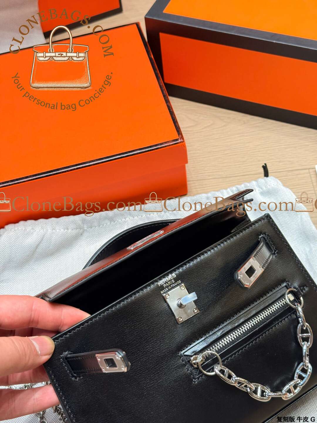 Hermès Replica Designer Bags 1:1 Kelly Pochette Rock 22cm Box Calf Leather Noir With Palladium Hardware - Image 5