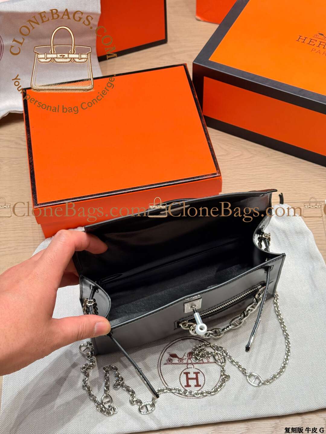 Hermès Replica Designer Bags 1:1 Kelly Pochette Rock 22cm Box Calf Leather Noir With Palladium Hardware - Image 6