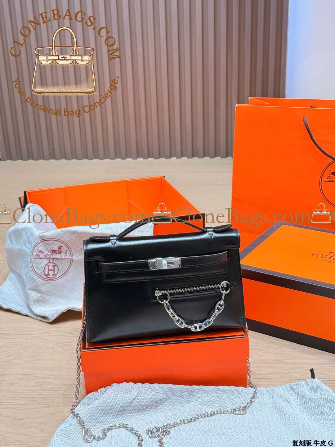 Hermès Replica Designer Bags 1:1 Kelly Pochette Rock 22cm Box Calf Leather Noir With Palladium Hardware - Image 2
