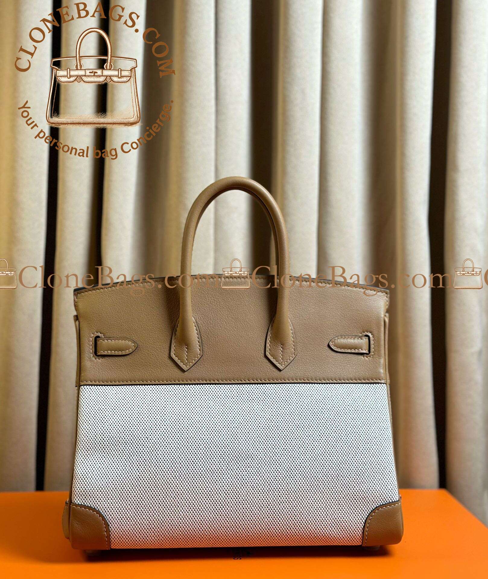 Hermès Replica Designer Bags 1:1 Birkin 25 Ecru and Beige Toile H Canvas and Biscuit Swift Palladium Hardware - Image 7