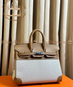 Alternative view of Hermès Replica Designer Bags 1:1 Birkin 25 Ecru and Beige Toile H Canvas and Biscuit Swift Palladium Hardware