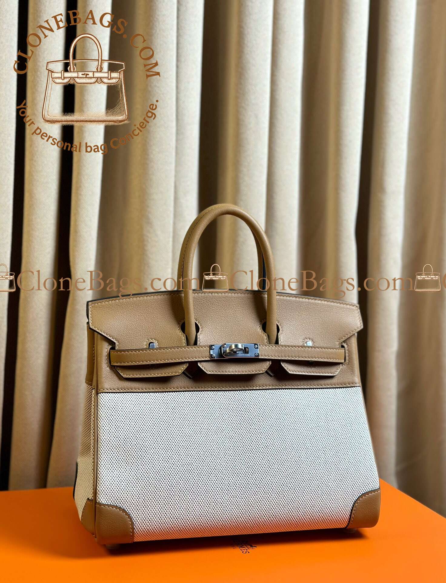 Hermès Replica Designer Bags 1:1 Birkin 25 Ecru and Beige Toile H Canvas and Biscuit Swift Palladium Hardware - Image 2