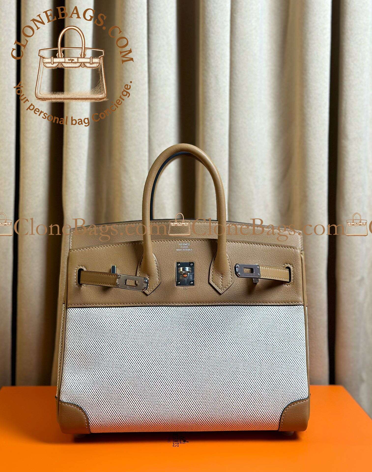 Hermès Replica Designer Bags 1:1 Birkin 25 Ecru and Beige Toile H Canvas and Biscuit Swift Palladium Hardware - Image 3