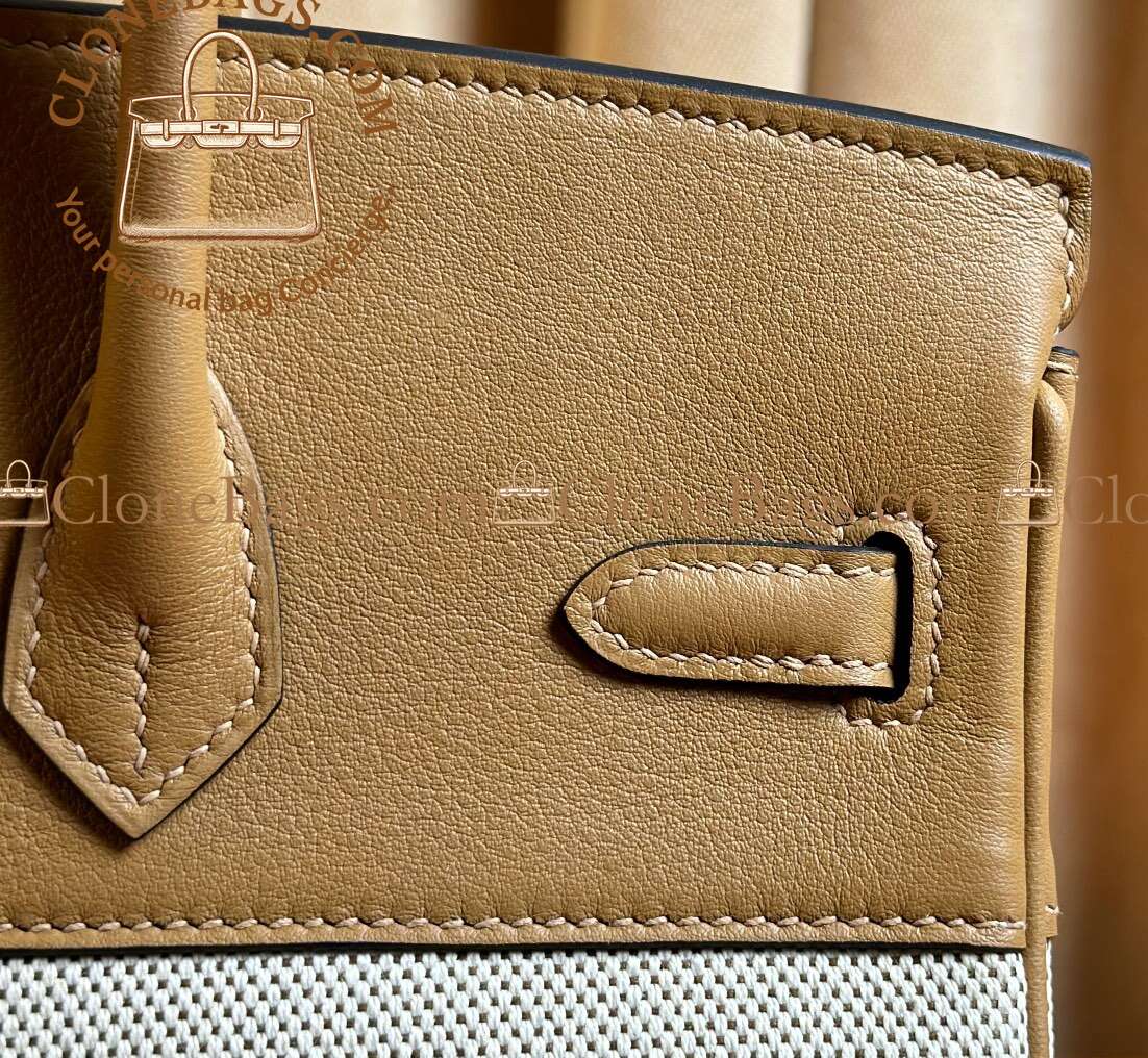 Hermès Replica Designer Bags 1:1 Birkin 25 Ecru and Beige Toile H Canvas and Biscuit Swift Palladium Hardware - Image 5