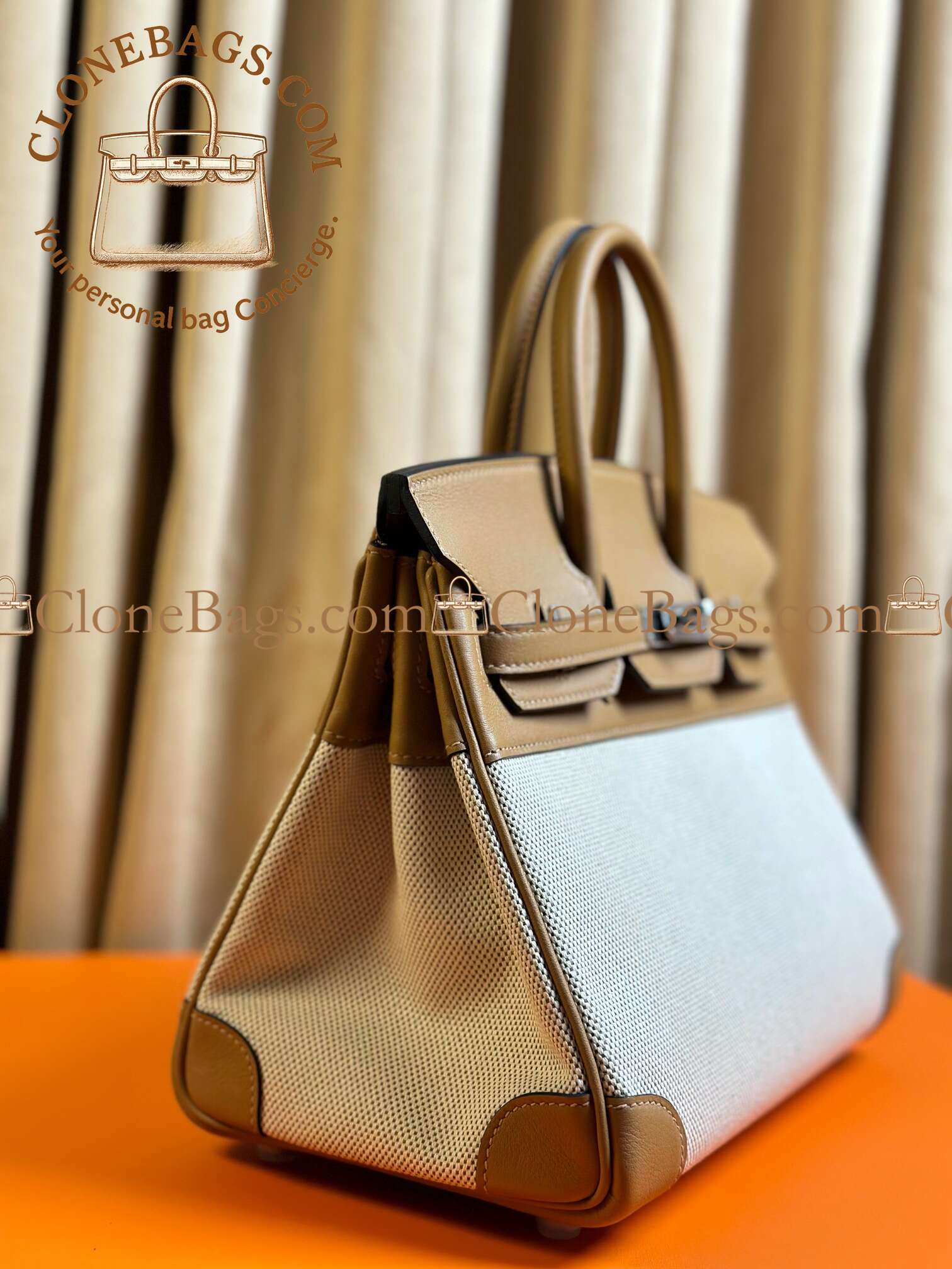 Hermès Replica Designer Bags 1:1 Birkin 25 Ecru and Beige Toile H Canvas and Biscuit Swift Palladium Hardware - Image 6