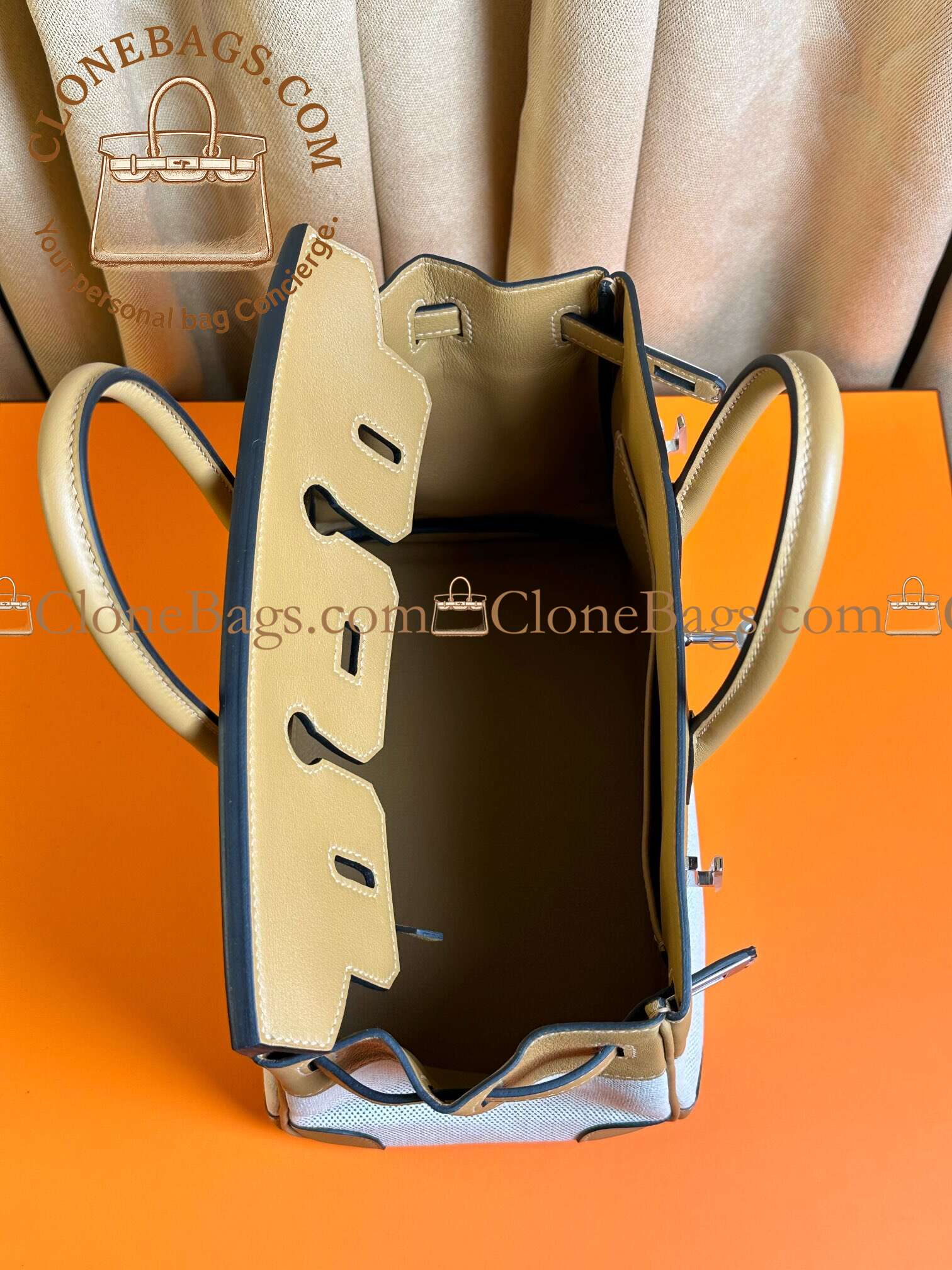 Hermès Replica Designer Bags 1:1 Birkin 25 Ecru and Beige Toile H Canvas and Biscuit Swift Palladium Hardware - Image 4