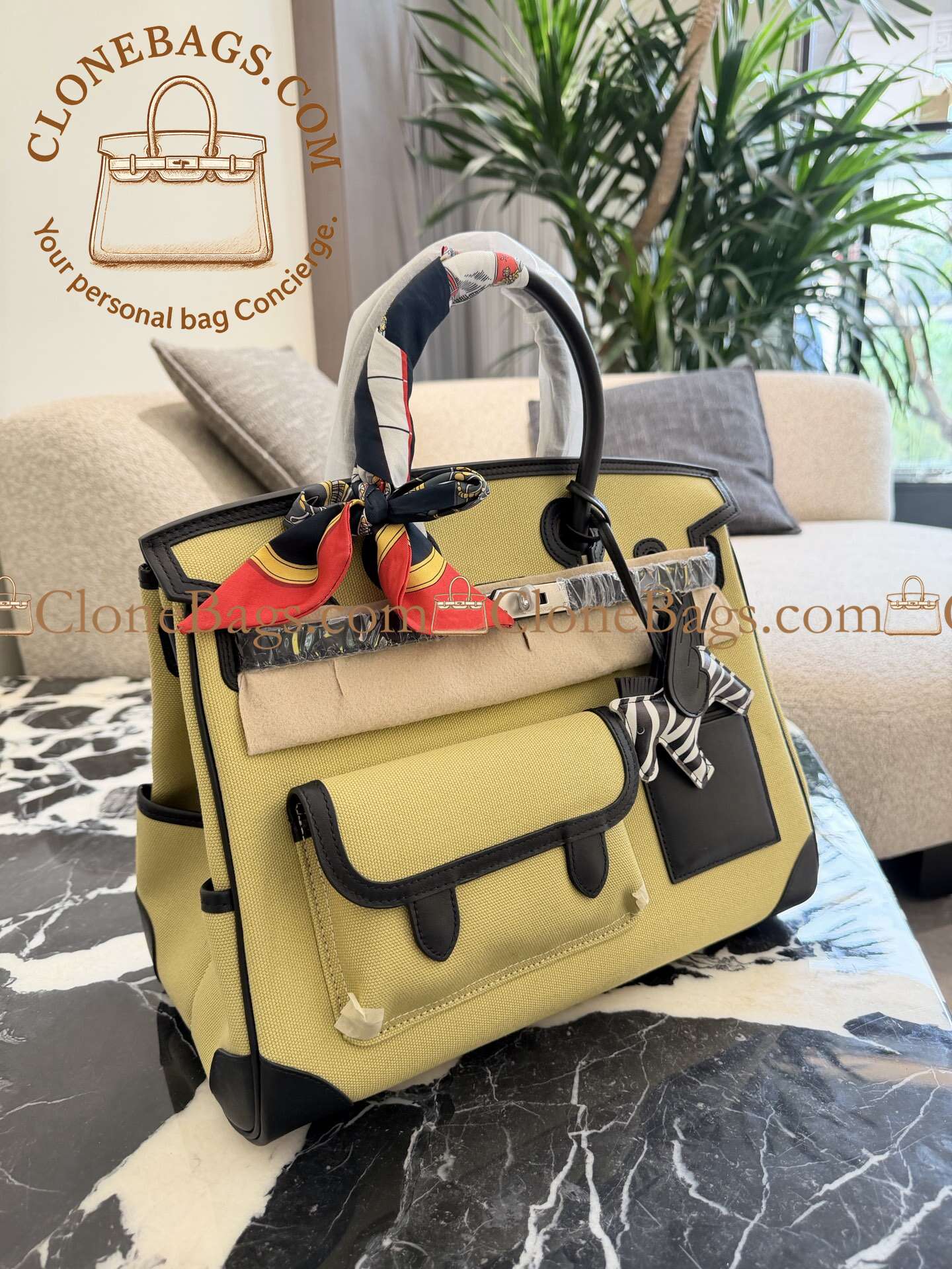 Hermès Replica Designer Bags 1:1 Birkin 35 Black and Jaune Citron Toile Goeland Palladium Hardware - Image 2