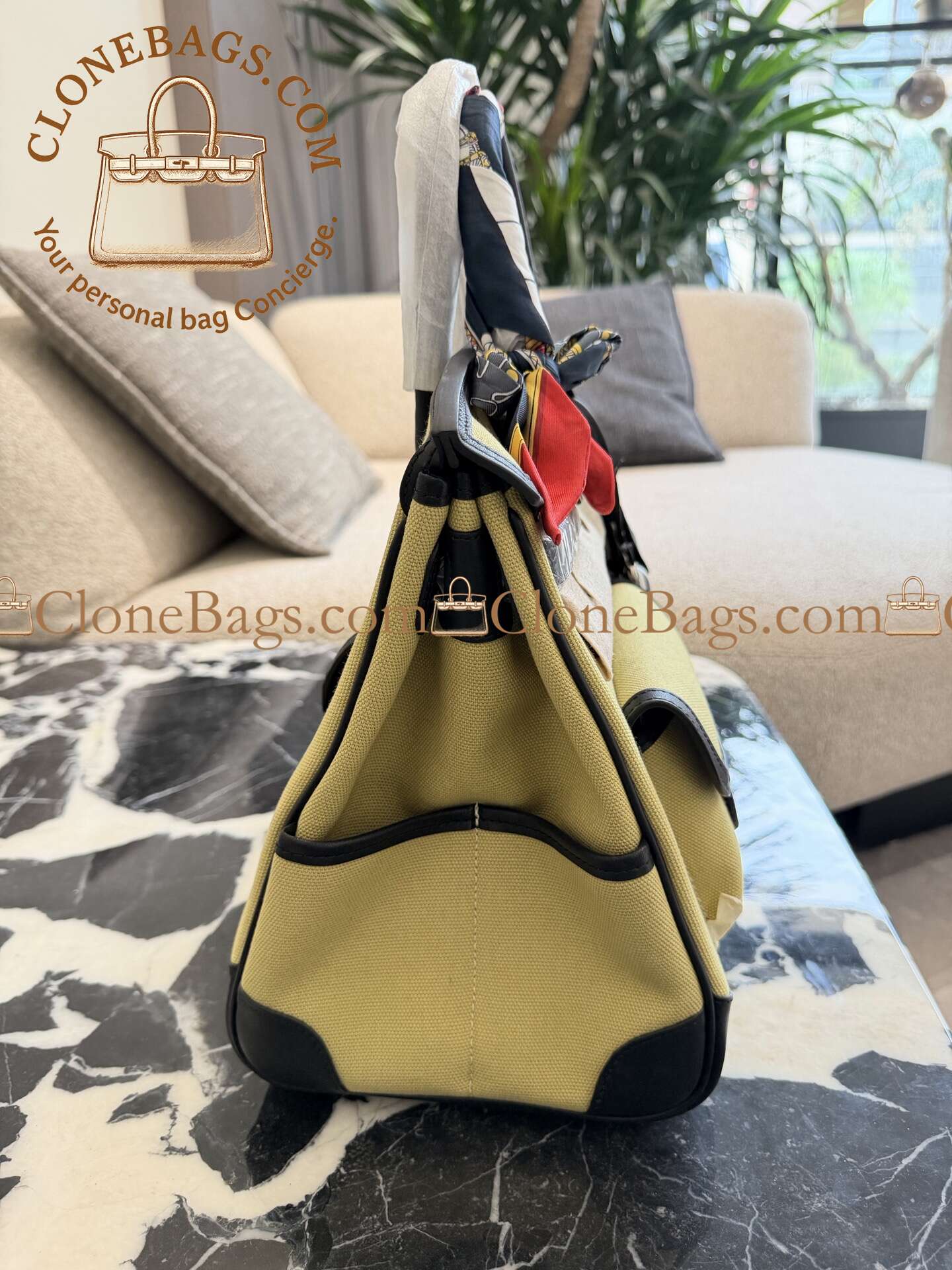 Hermès Replica Designer Bags 1:1 Birkin 35 Black and Jaune Citron Toile Goeland Palladium Hardware - Image 7
