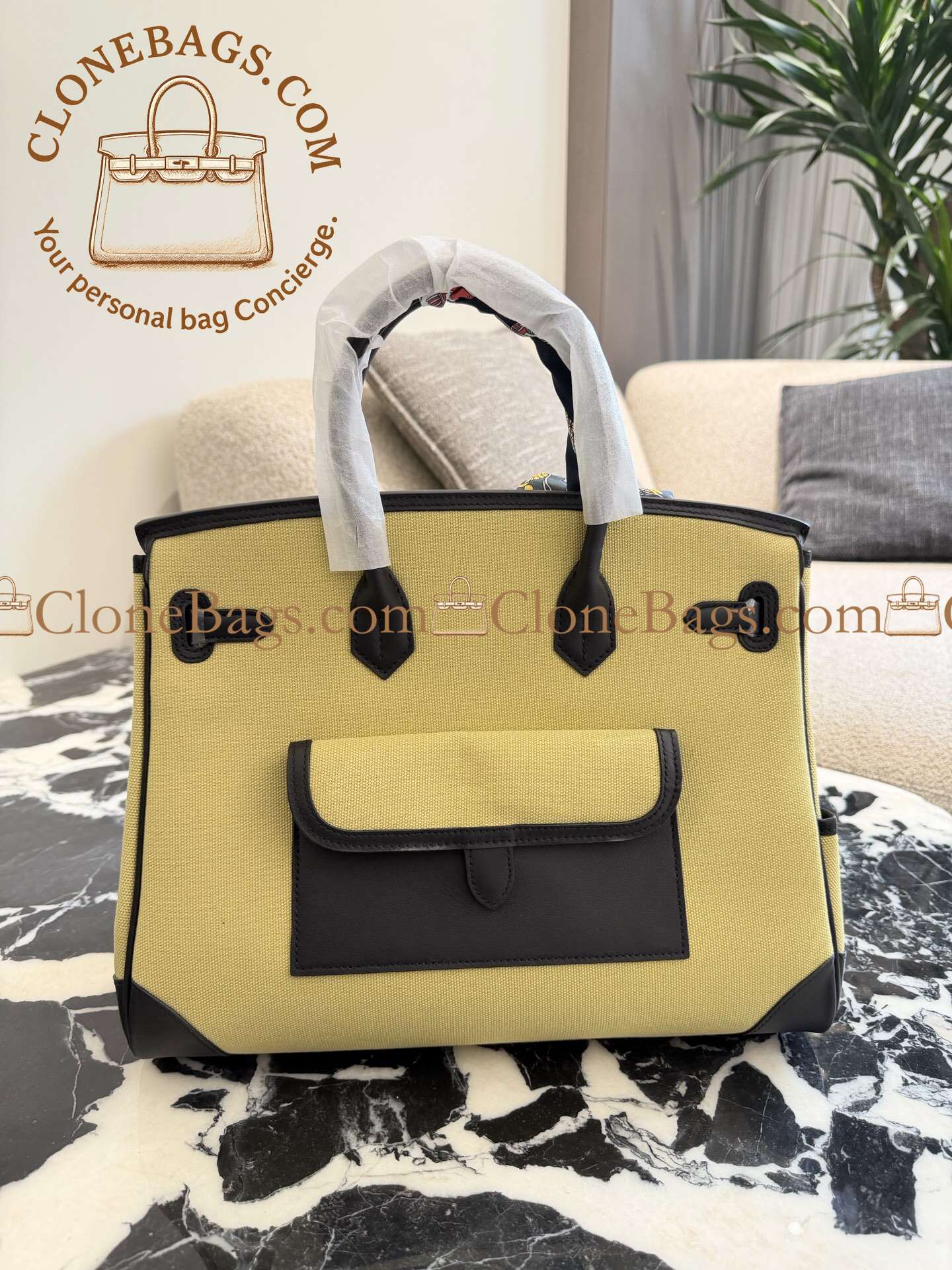 Hermès Replica Designer Bags 1:1 Birkin 35 Black and Jaune Citron Toile Goeland Palladium Hardware - Image 8