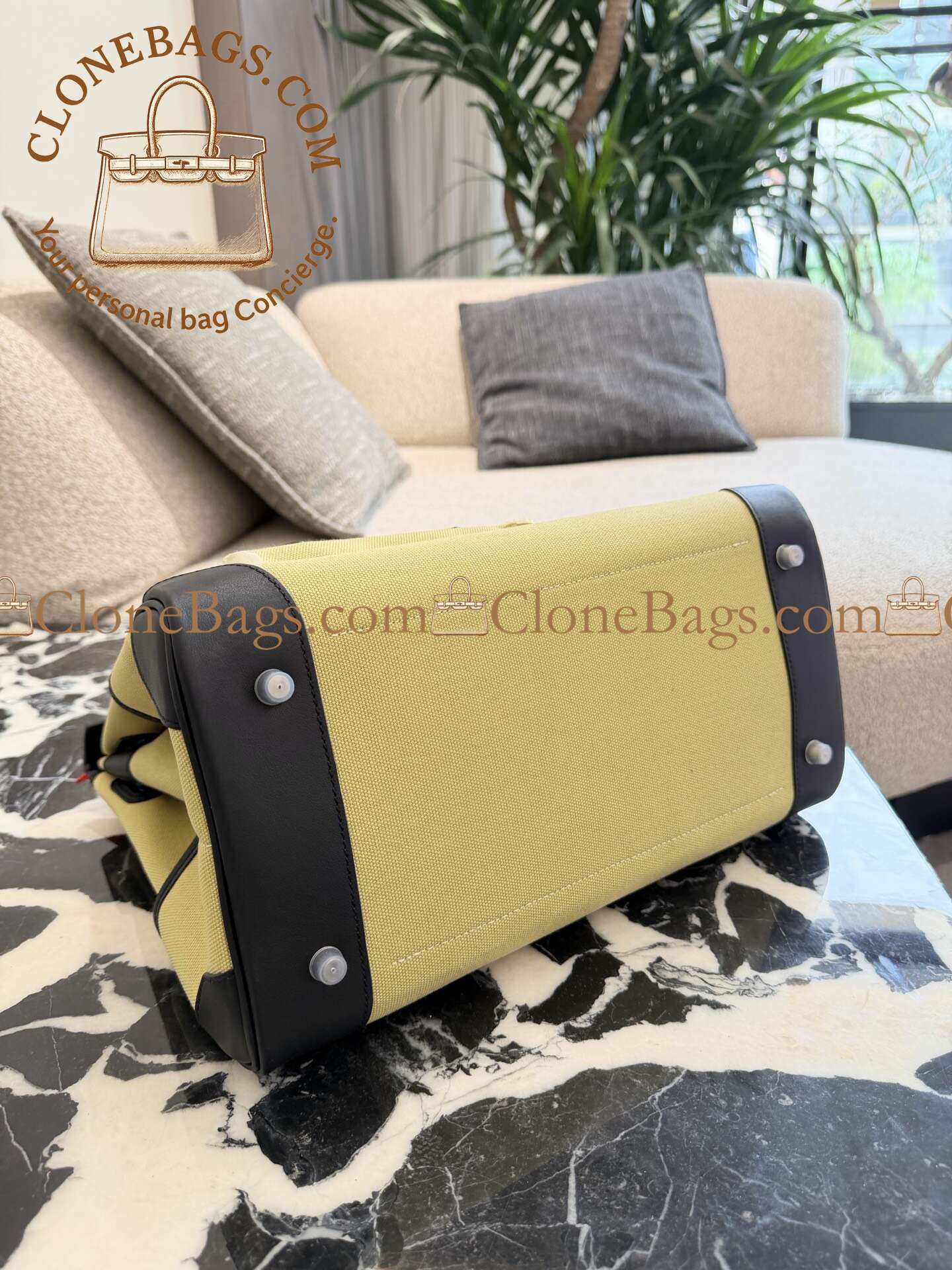 Hermès Replica Designer Bags 1:1 Birkin 35 Black and Jaune Citron Toile Goeland Palladium Hardware - Image 9