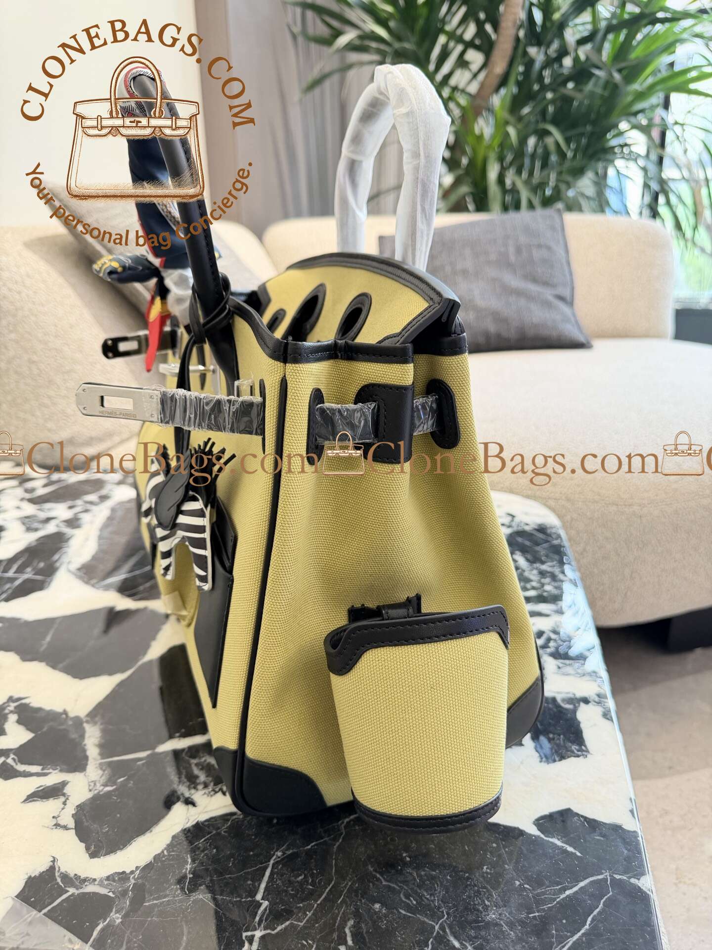 Hermès Replica Designer Bags 1:1 Birkin 35 Black and Jaune Citron Toile Goeland Palladium Hardware - Image 6