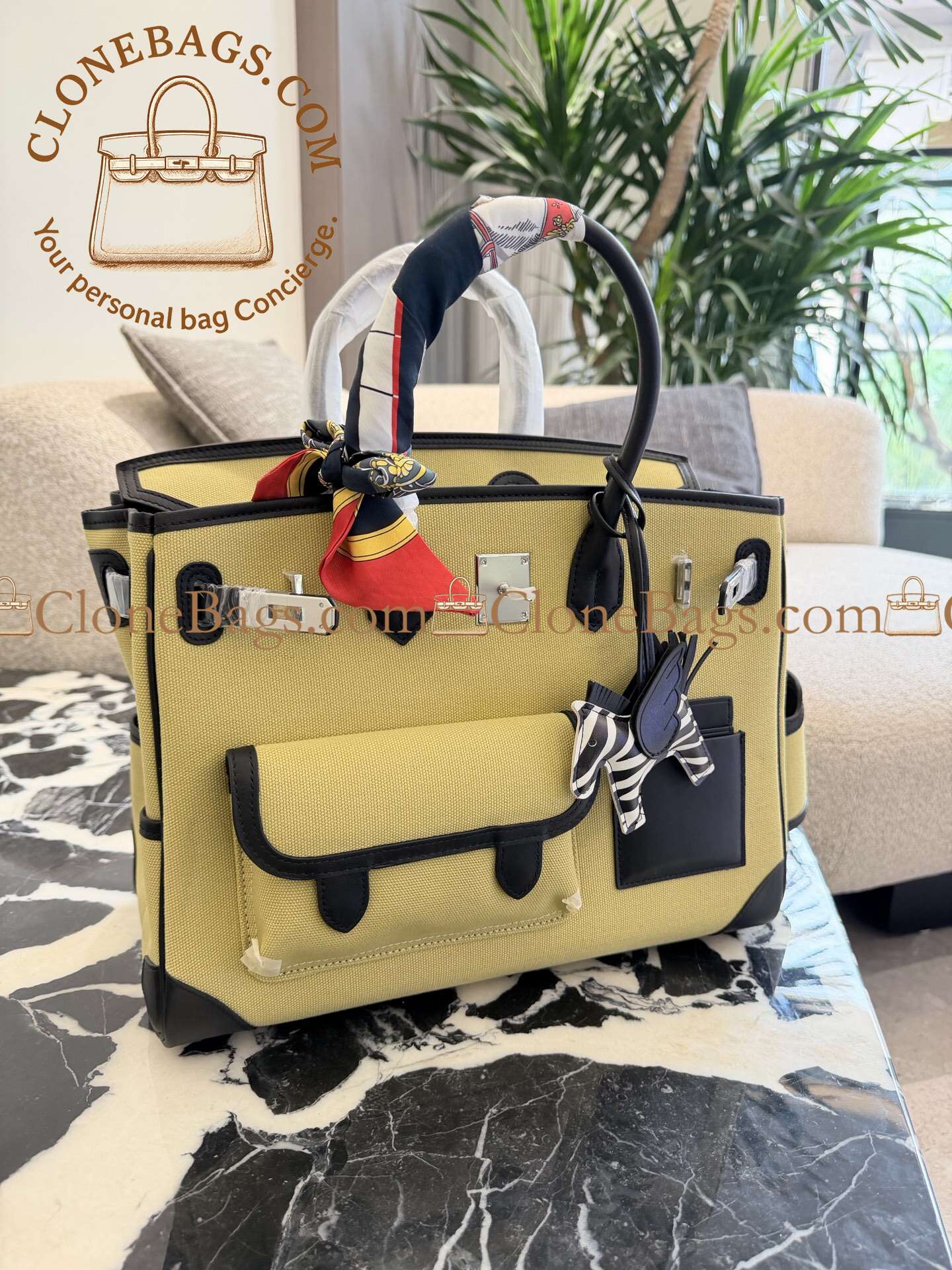 Hermès Replica Designer Bags 1:1 Birkin 35 Black and Jaune Citron Toile Goeland Palladium Hardware - Image 5