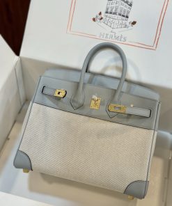 Alternative view of Hermès Replica Designer Bags 1:1 Birkin 25 Blue Glacial & Ecru Toile Gold Hardware