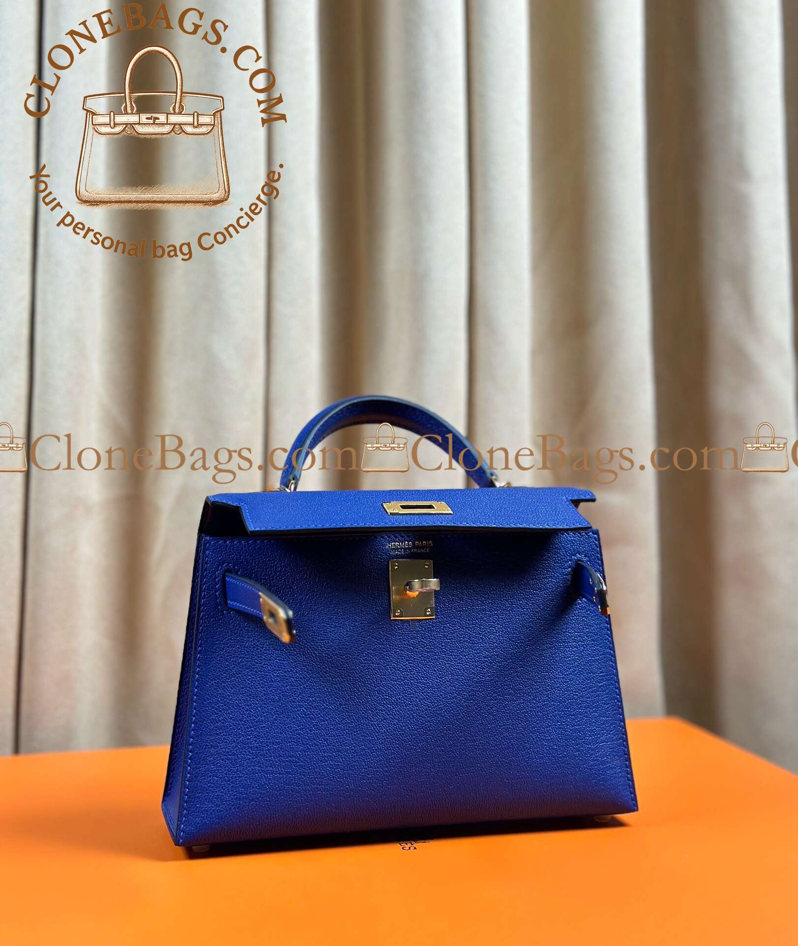 Hermès Replica Designer Bags 1:1 Kelly Mini Bleu Electrique Epsom Gold Hardware - Image 3