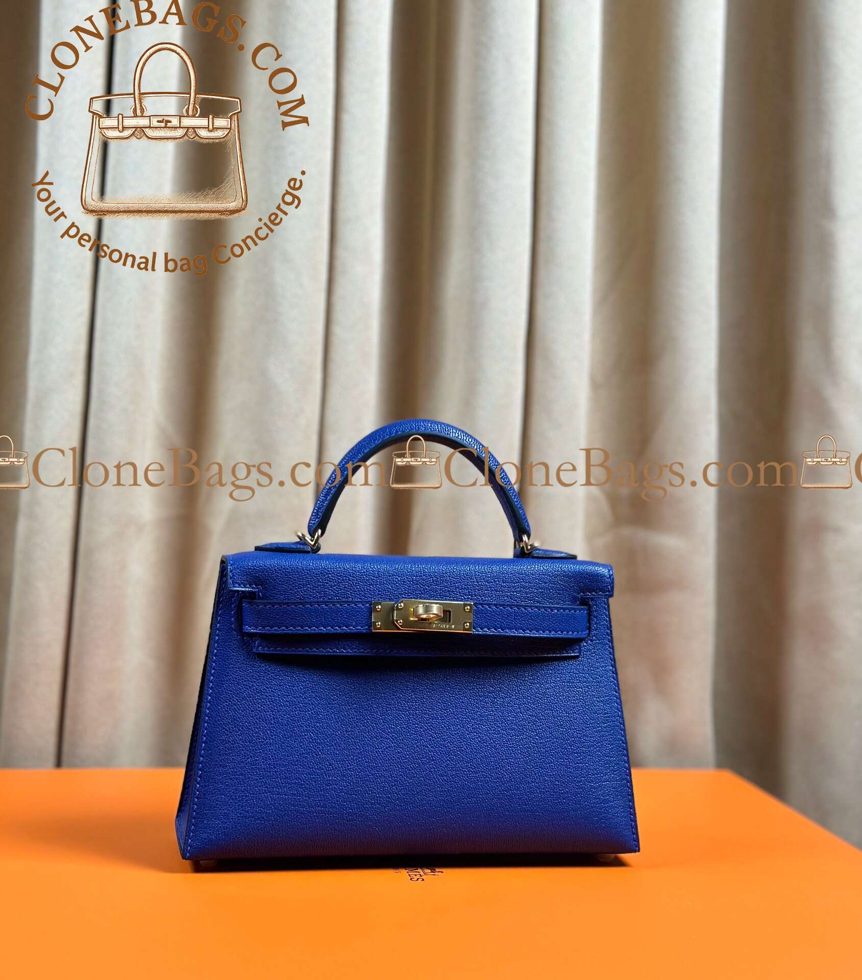 Hermès Replica Designer Bags 1:1 Kelly Mini Bleu Electrique Epsom Gold Hardware - Image 2