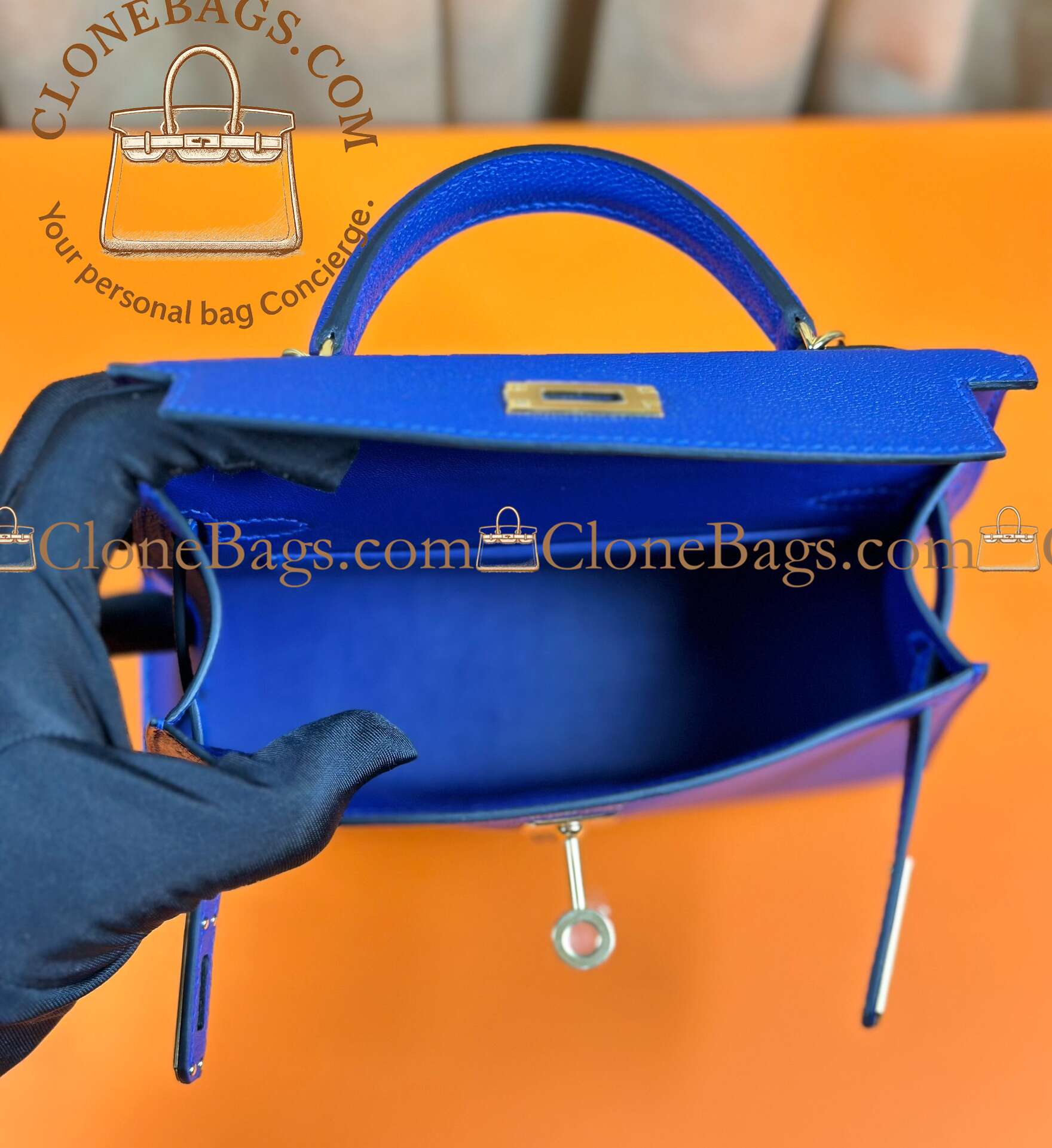 Hermès Replica Designer Bags 1:1 Kelly Mini Bleu Electrique Epsom Gold Hardware - Image 5