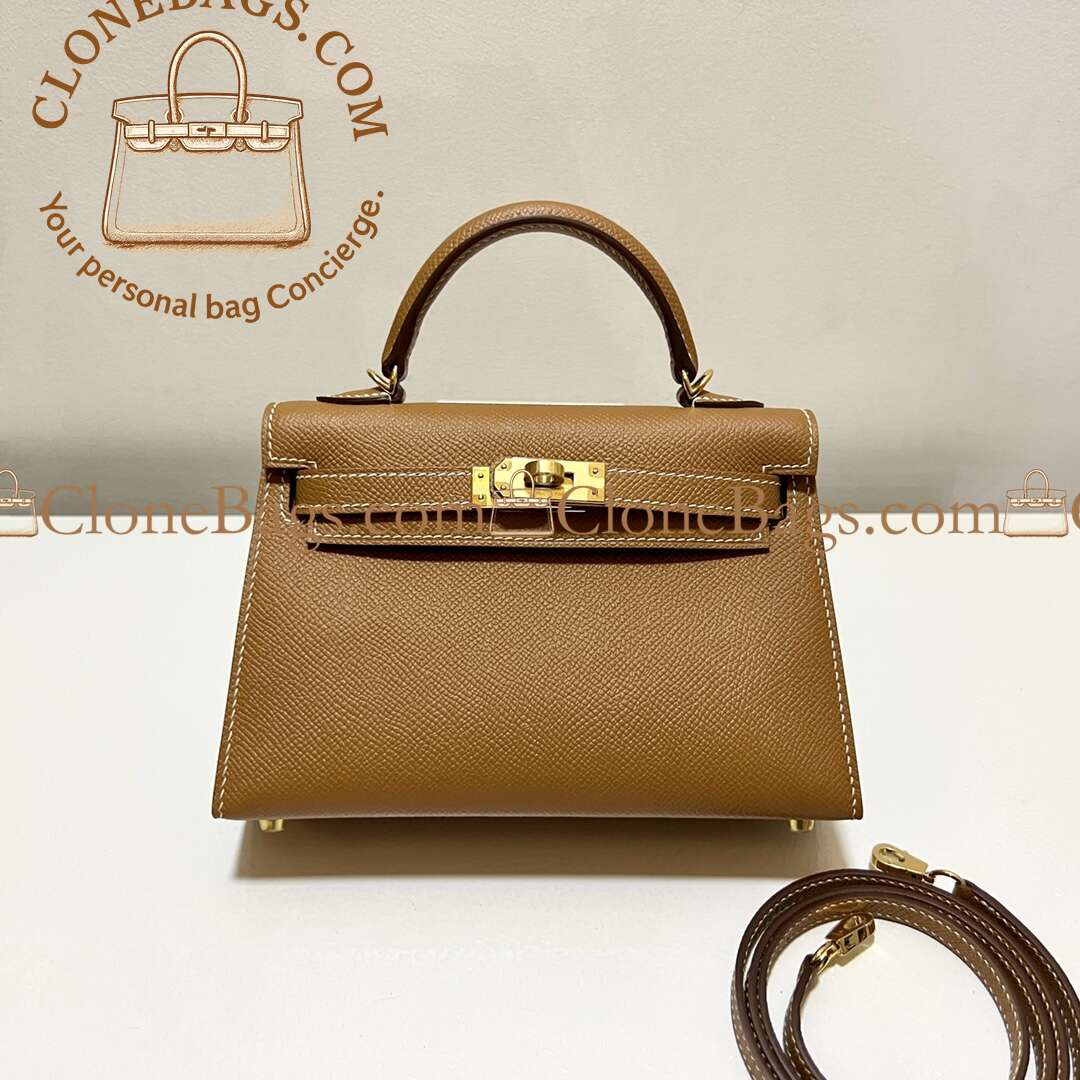 Hermès Replica Designer Bags 1:1 Kelly Mini Brown Epsom Gold Hardware - Image 2
