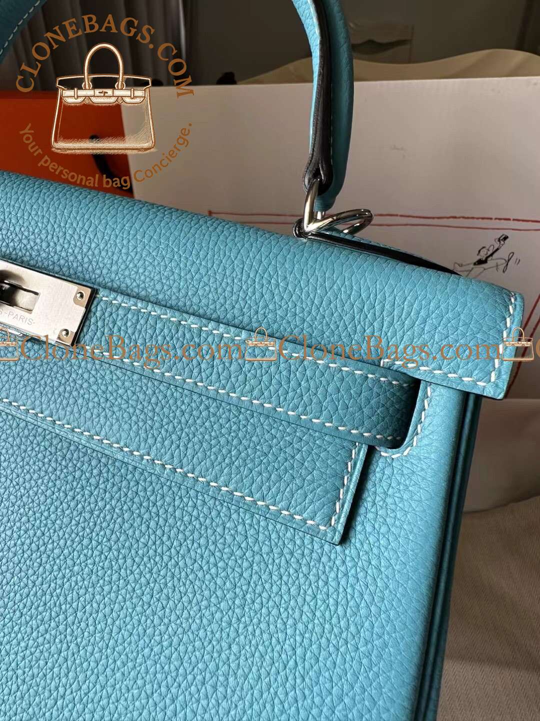 Hermès Replica Designer Bags 1:1 Kelly 28 Bleu Atoll Togo Palladium Hardware - Image 3