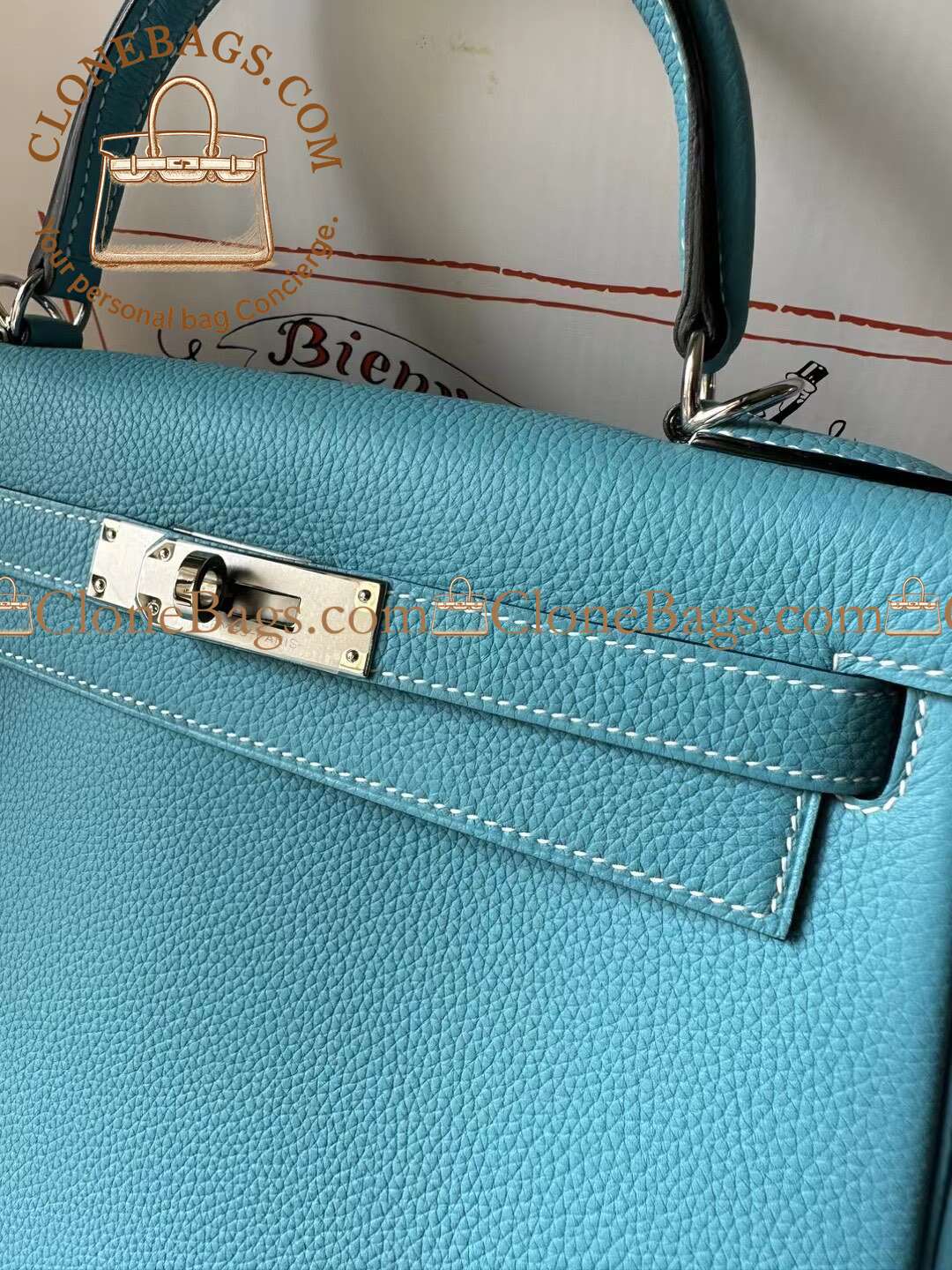 Hermès Replica Designer Bags 1:1 Kelly 28 Bleu Atoll Togo Palladium Hardware - Image 4