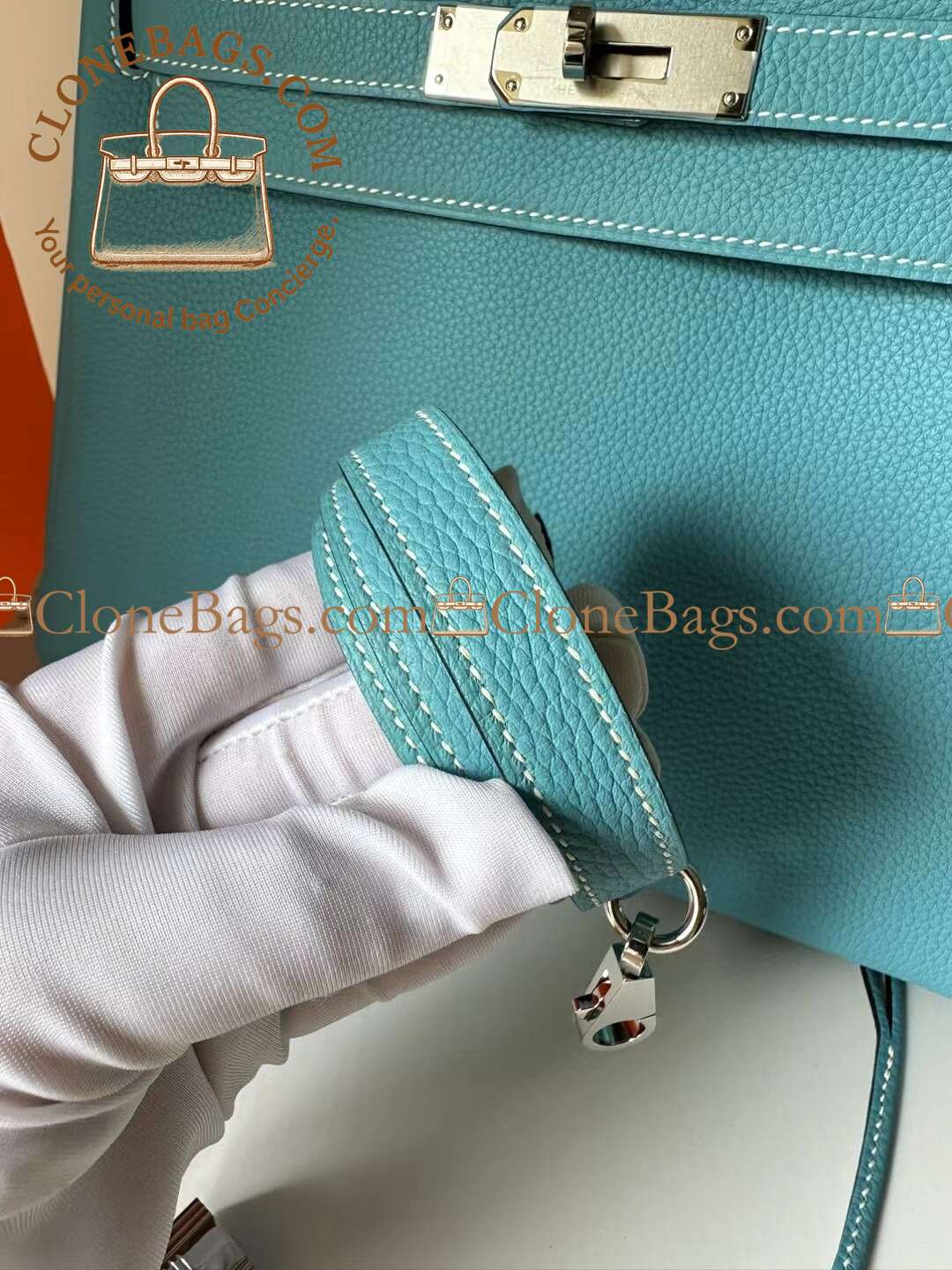 Hermès Replica Designer Bags 1:1 Kelly 28 Bleu Atoll Togo Palladium Hardware - Image 7