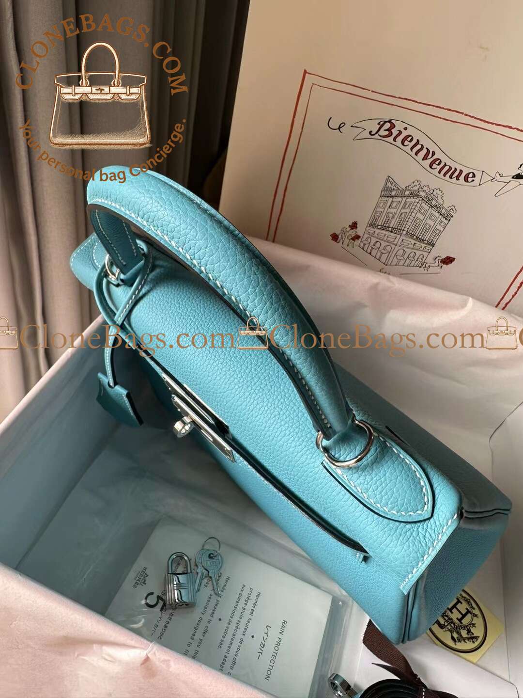 Hermès Replica Designer Bags 1:1 Kelly 28 Bleu Atoll Togo Palladium Hardware - Image 6