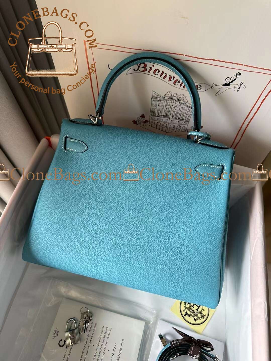 Hermès Replica Designer Bags 1:1 Kelly 28 Bleu Atoll Togo Palladium Hardware - Image 9
