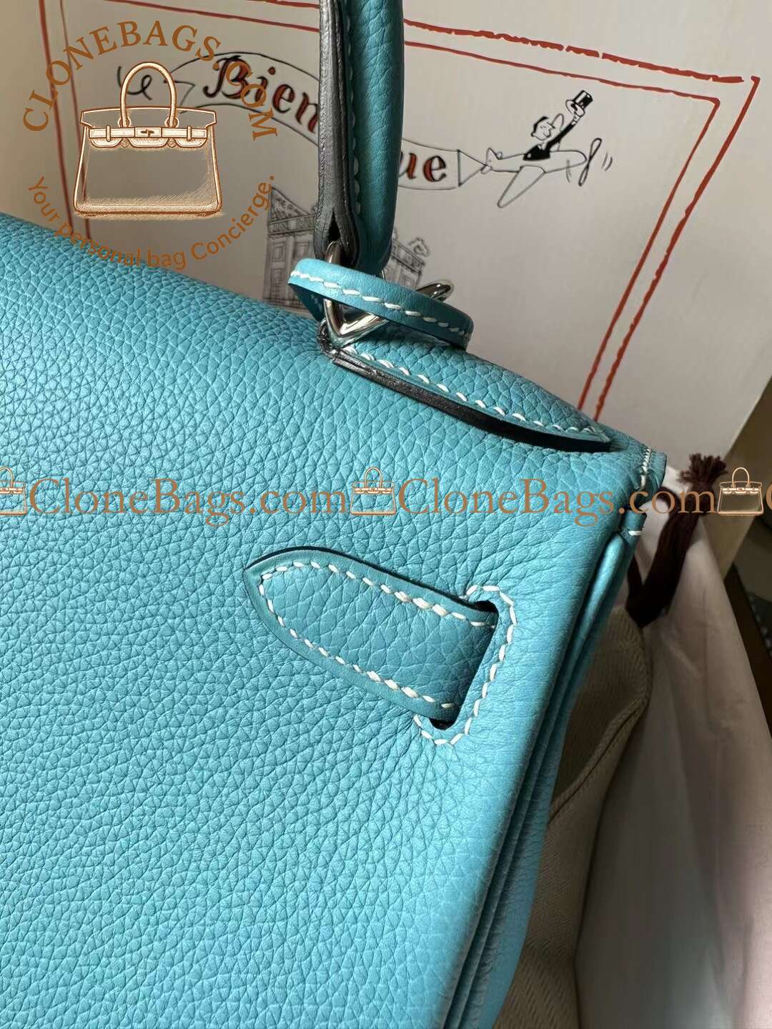 Hermès Replica Designer Bags 1:1 Kelly 28 Bleu Atoll Togo Palladium Hardware - Image 8