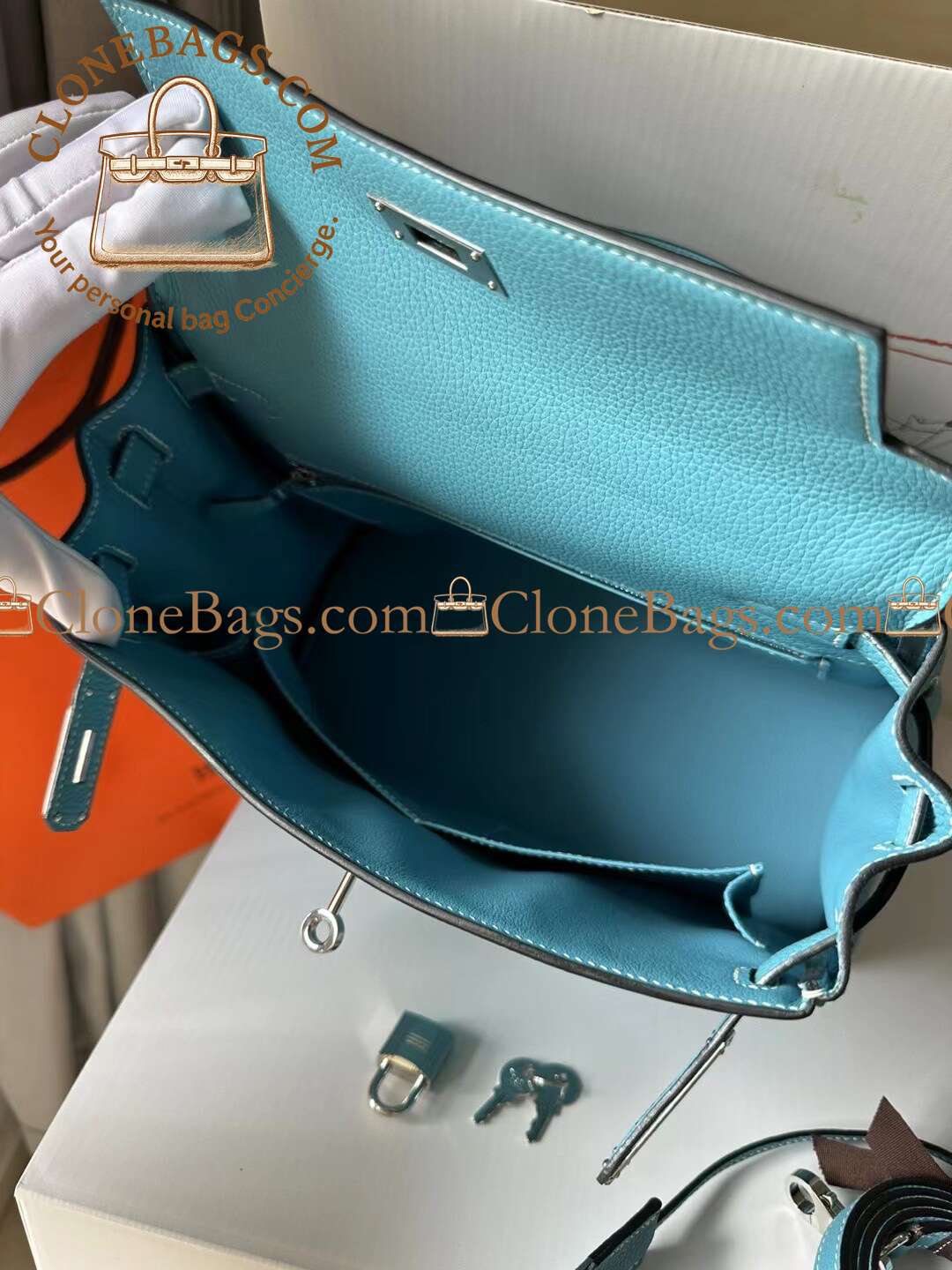 Hermès Replica Designer Bags 1:1 Kelly 28 Bleu Atoll Togo Palladium Hardware - Image 5