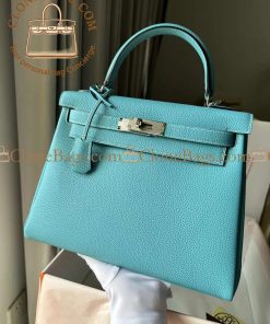 Alternative view of Hermès Replica Designer Bags 1:1 Kelly 28 Bleu Atoll Togo Palladium Hardware