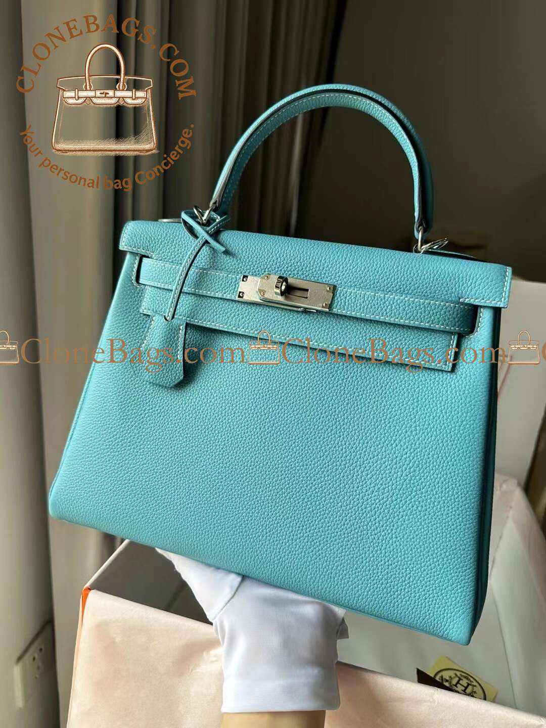 Hermès Replica Designer Bags 1:1 Kelly 28 Bleu Atoll Togo Palladium Hardware - Image 2