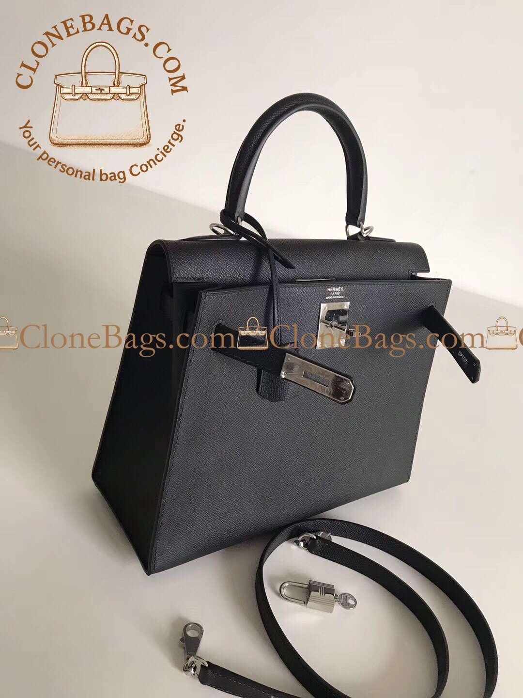 Hermès Replica Designer Bags 1:1 Kelly 28 Black Epsom Palladium Hardware - Image 2