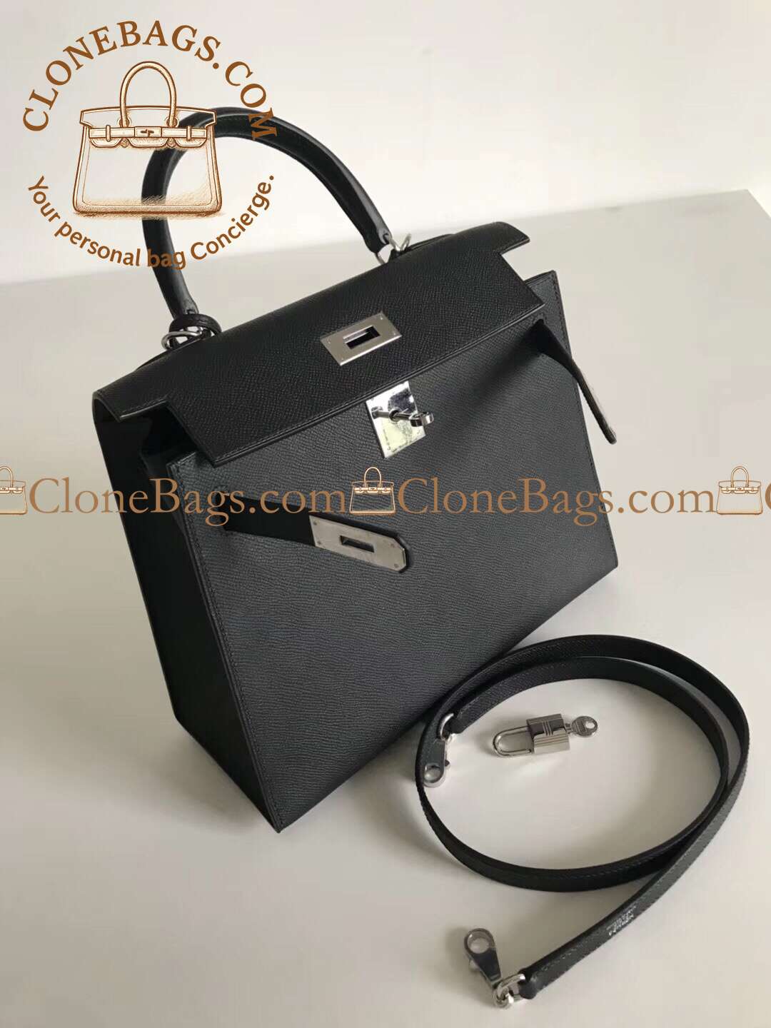 Hermès Replica Designer Bags 1:1 Kelly 28 Black Epsom Palladium Hardware - Image 3