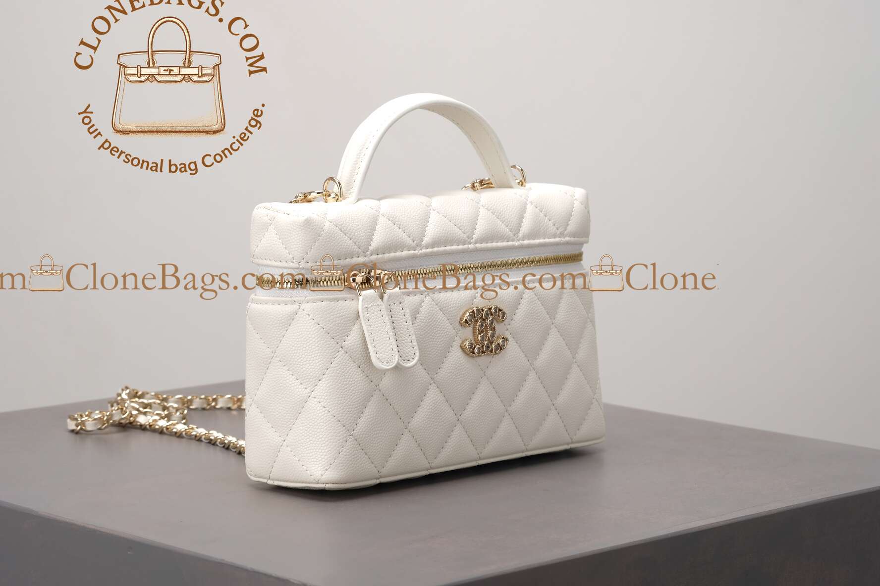 Chanel replica designer bag 1:1 White Quilted Lambskin Long Vanity Case Brushed Gold Hardware - Image 2