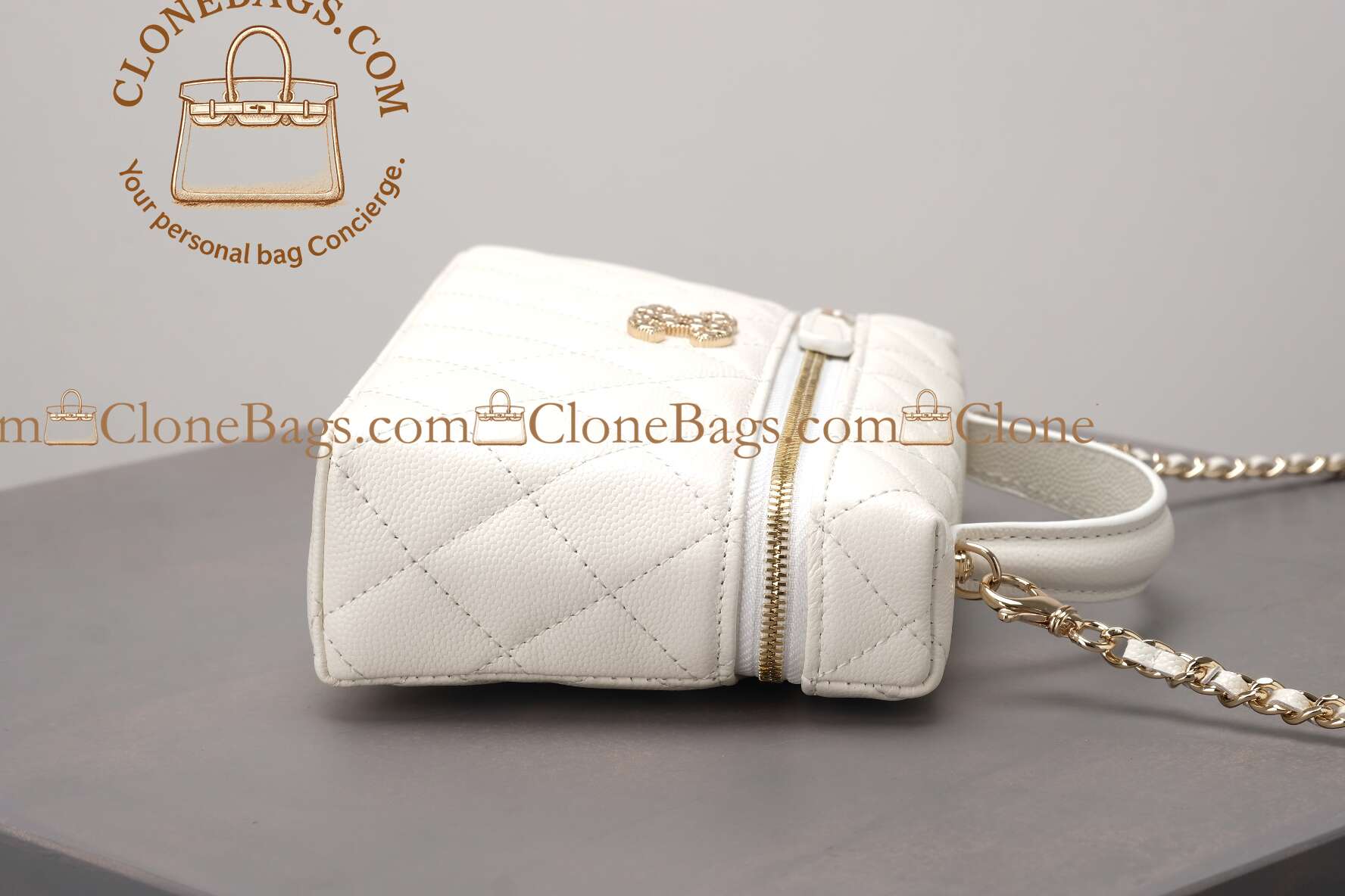Chanel replica designer bag 1:1 White Quilted Lambskin Long Vanity Case Brushed Gold Hardware - Image 3
