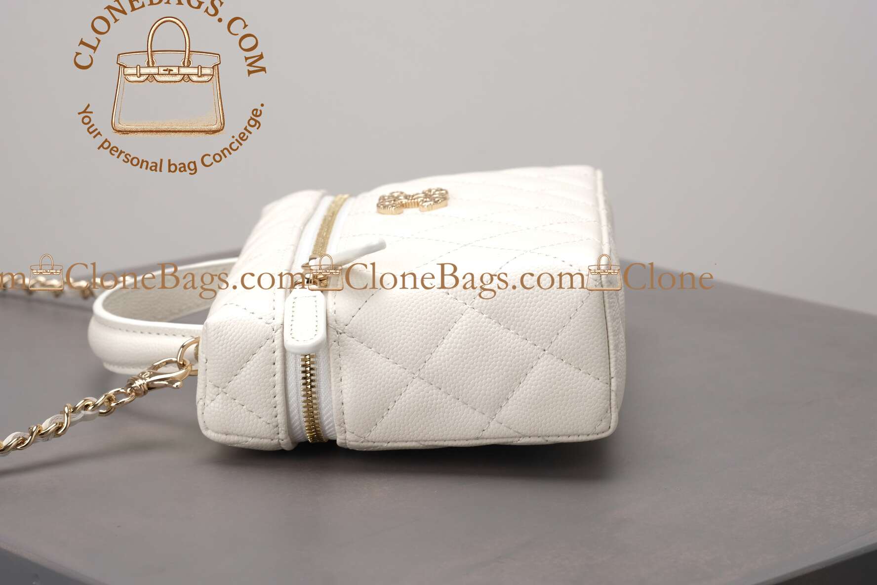 Chanel replica designer bag 1:1 White Quilted Lambskin Long Vanity Case Brushed Gold Hardware - Image 6