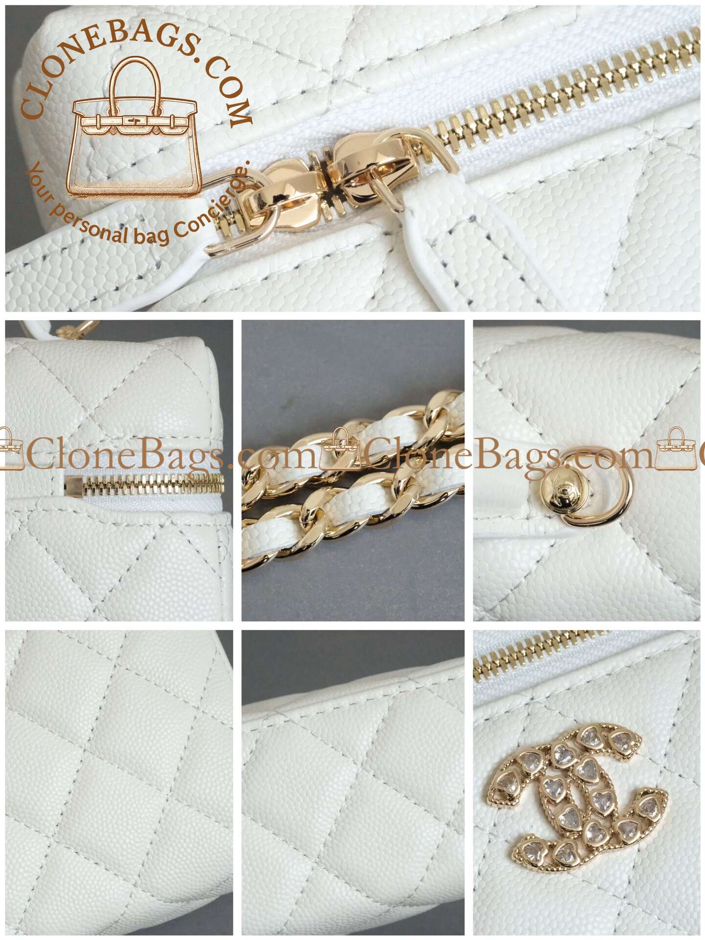 Chanel replica designer bag 1:1 White Quilted Lambskin Long Vanity Case Brushed Gold Hardware - Image 9