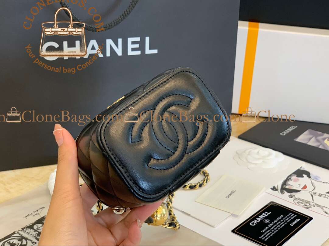 Chanel Replica Designer Bags 1:1 Lambskin Quilted Mini Pearl Crush Vanity Case With Chain Black - Image 8