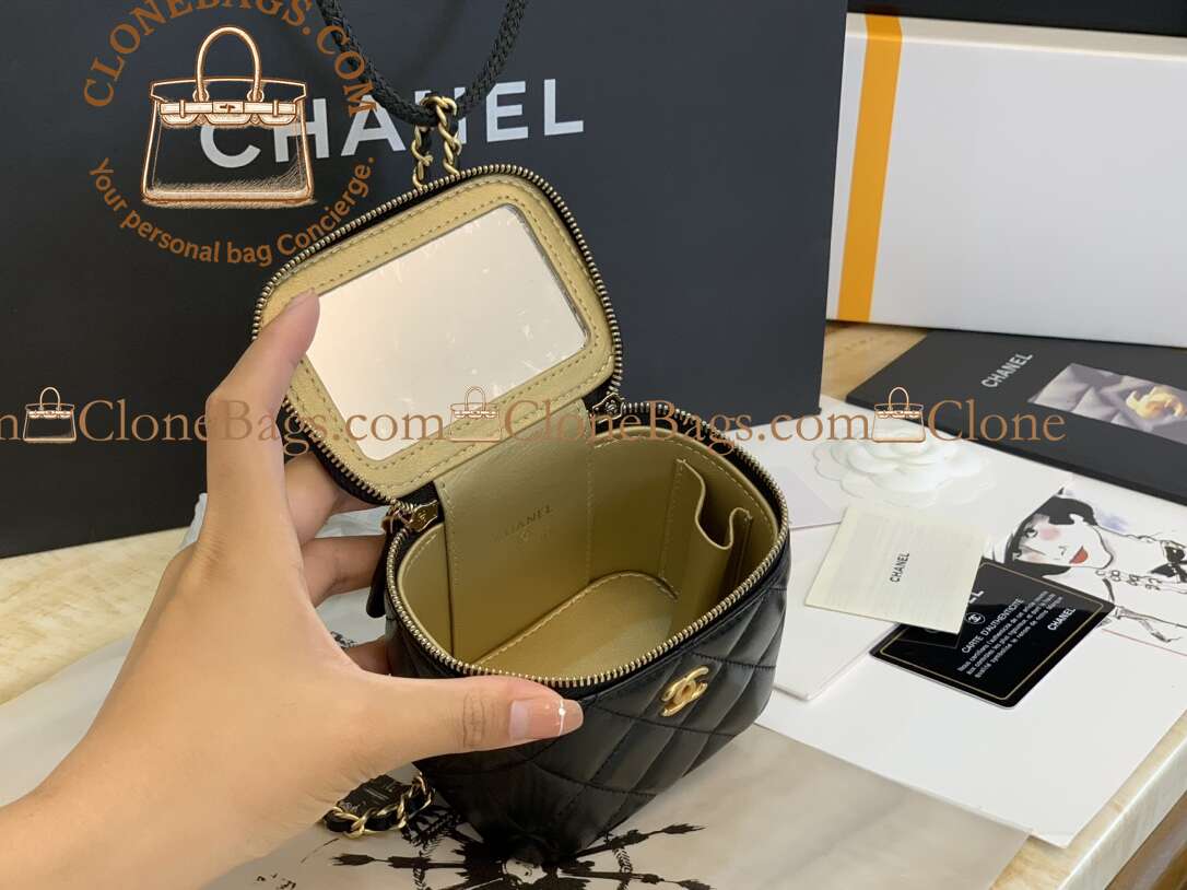 Chanel Replica Designer Bags 1:1 Lambskin Quilted Mini Pearl Crush Vanity Case With Chain Black - Image 5
